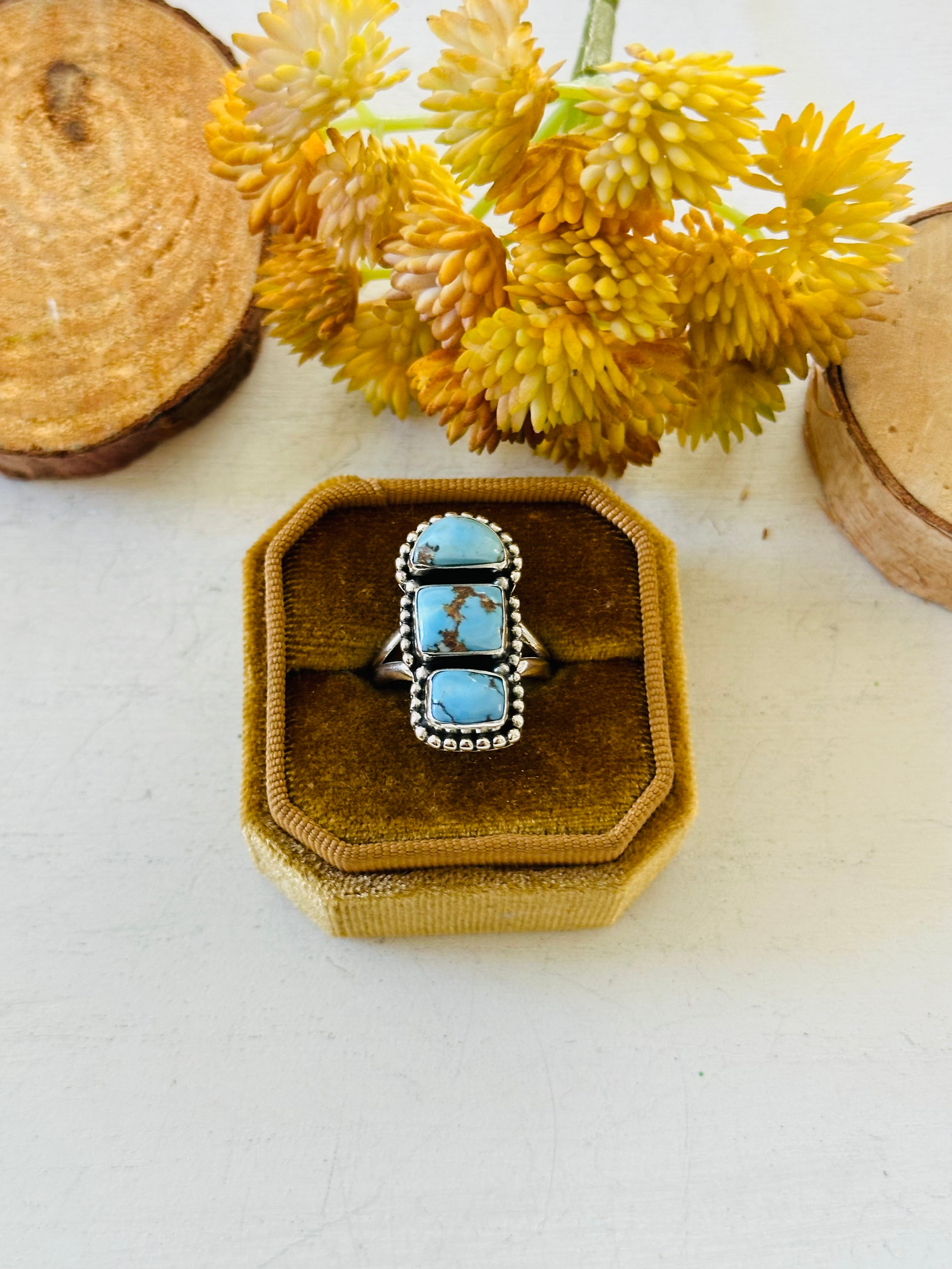 Southwest Handmade Golden Hills Turquoise & Sterling Silver Ring Size 7.25