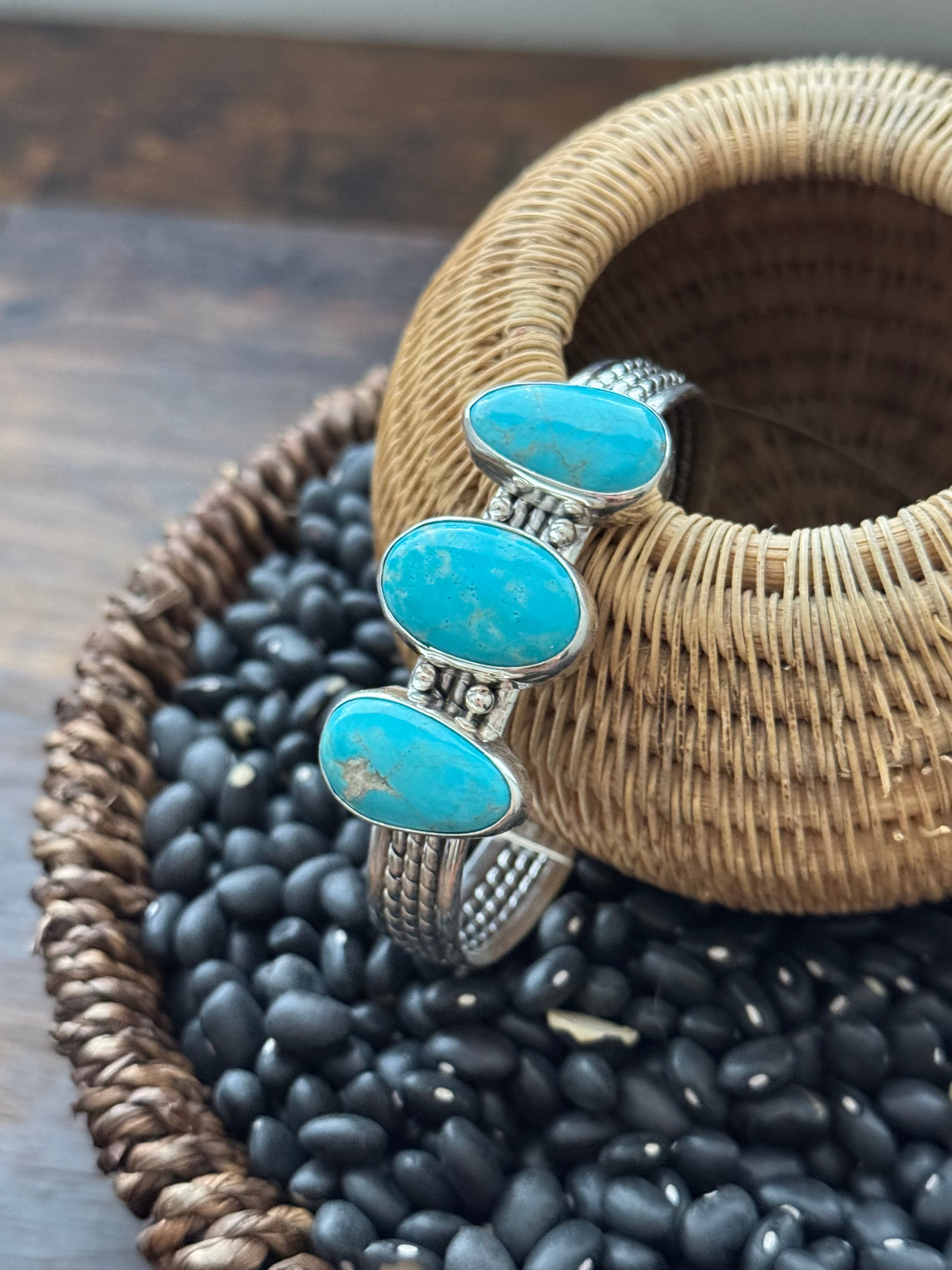 Navajo Made Kingman Turquoise & Sterling Silver Cuff Bracelet