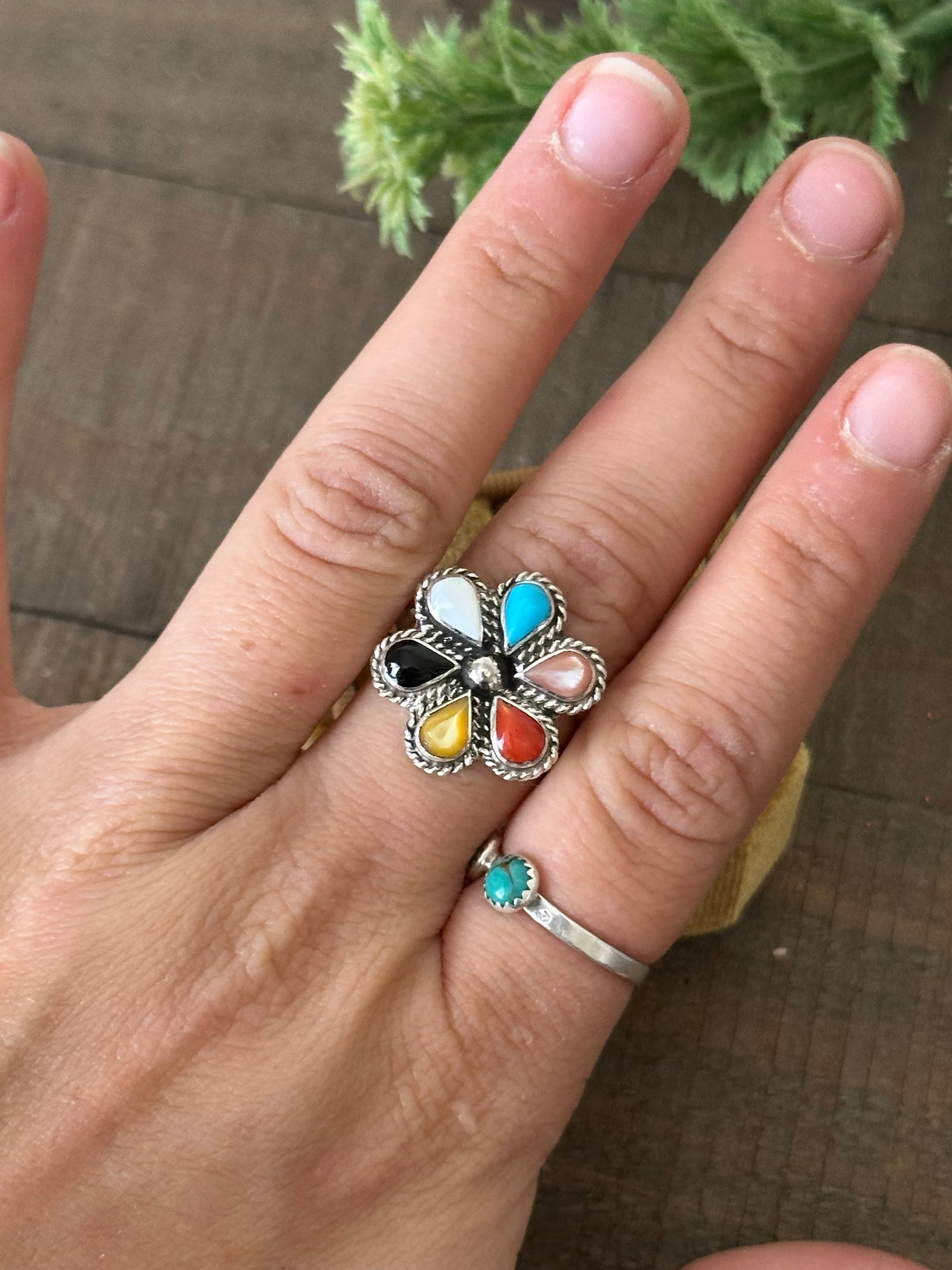 Navajo Made Multi Stone & Sterling Silver Ring Size 9.25