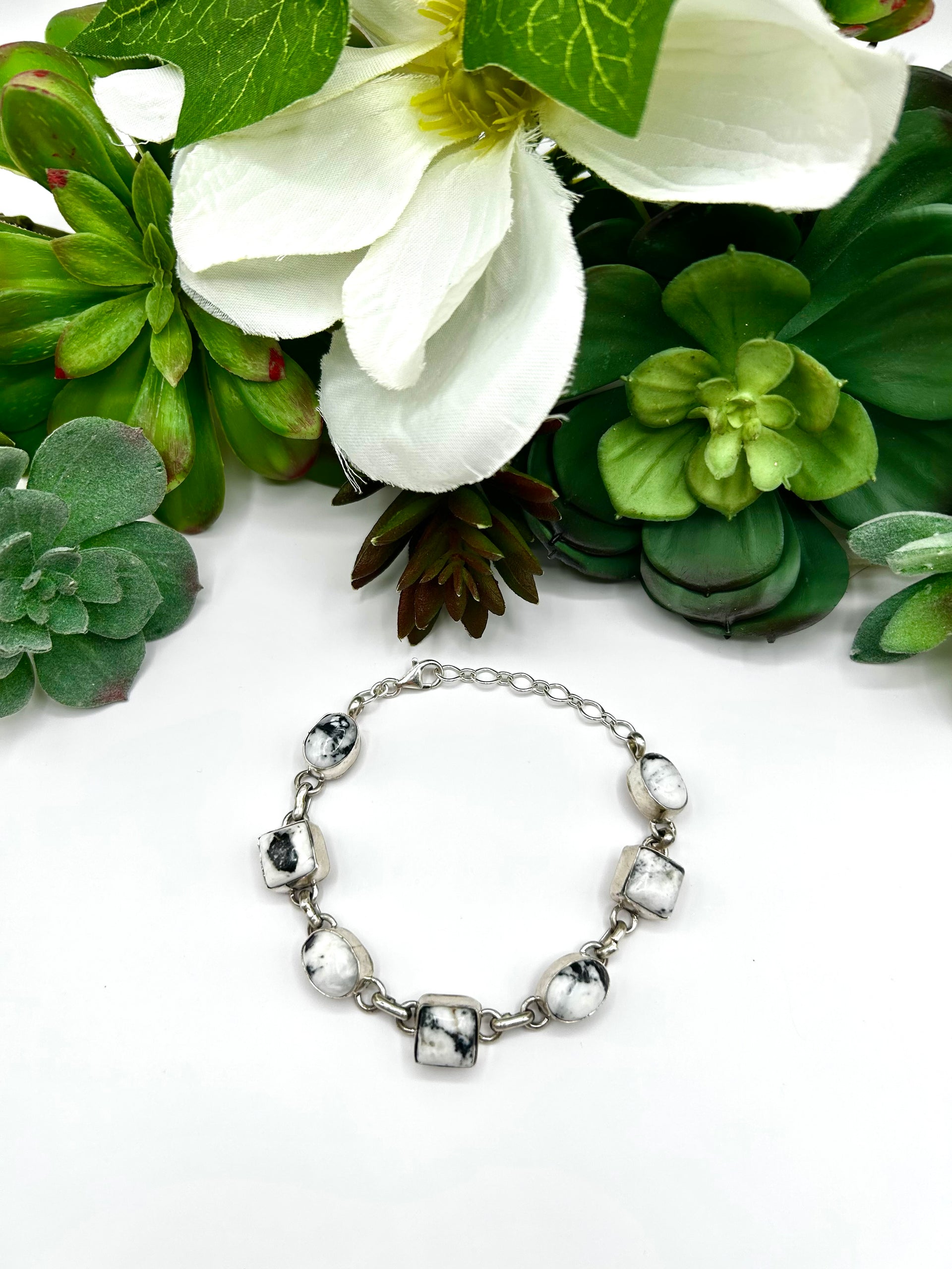 Navajo Made White Buffalo & Sterling Silver Link Bracelet