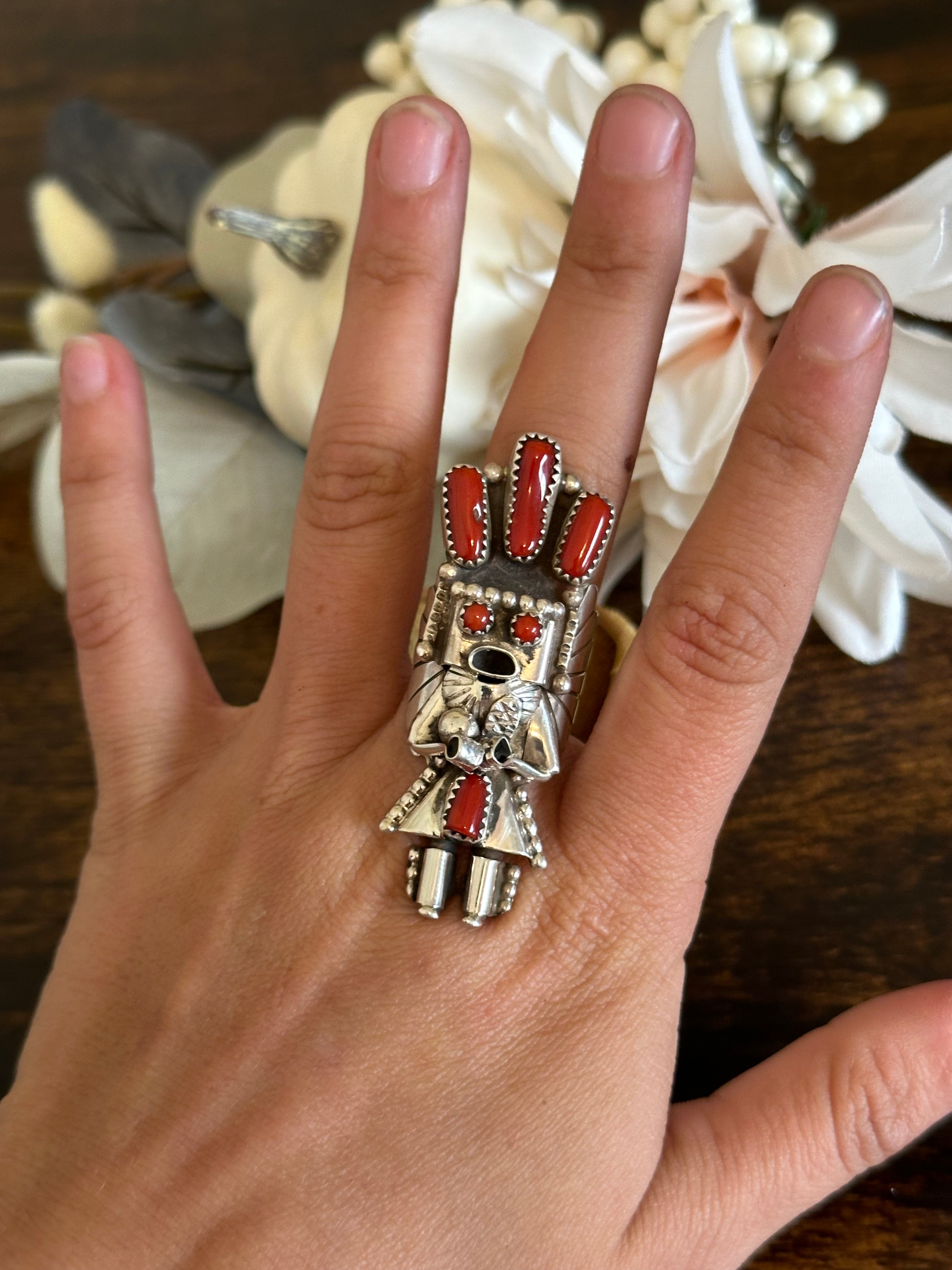 Navajo Made Red Coral & Sterling Silver Ring Size 8.25