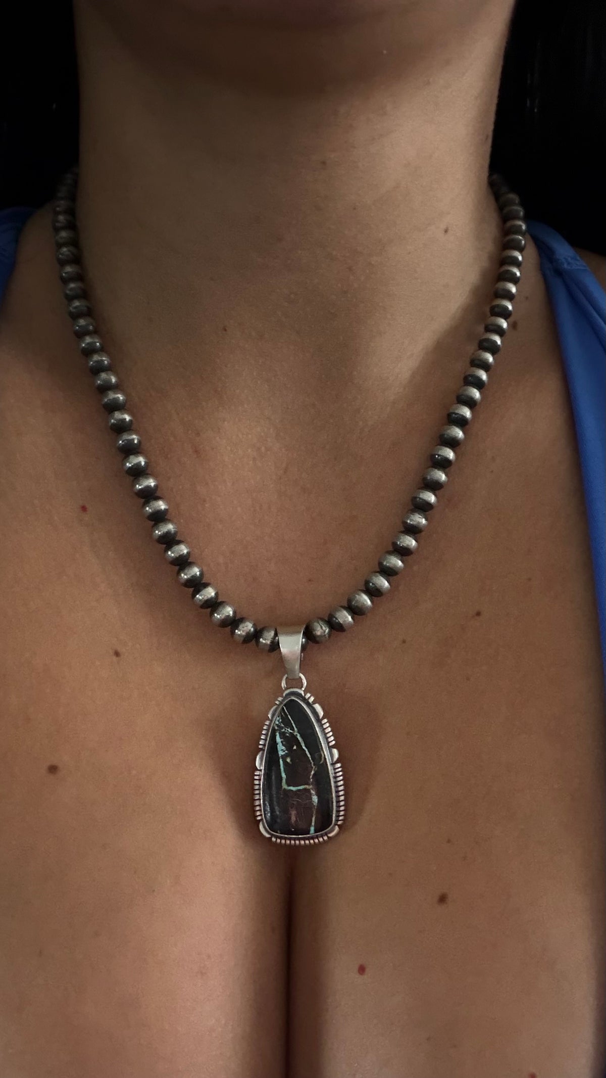 Navajo Made Black Jack Turquoise  & Sterling Silver Pendant