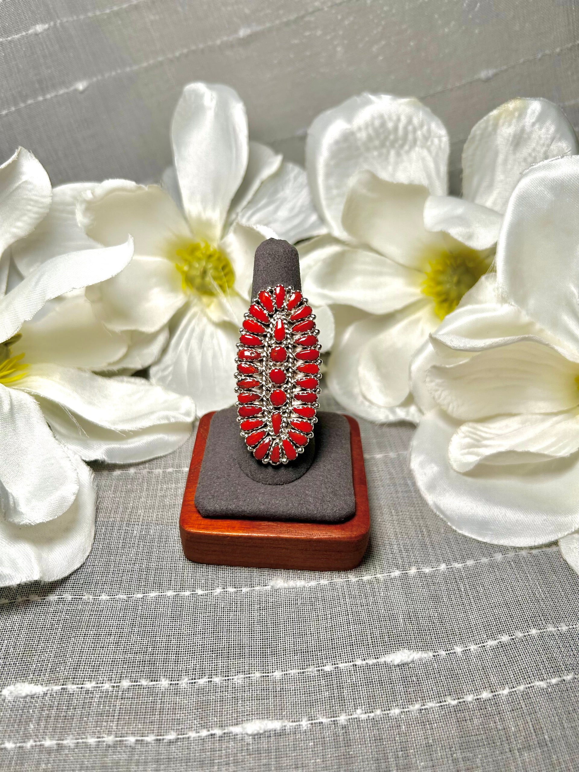 Navajo Made Red Coral & Sterling Silver Adjustable Ring