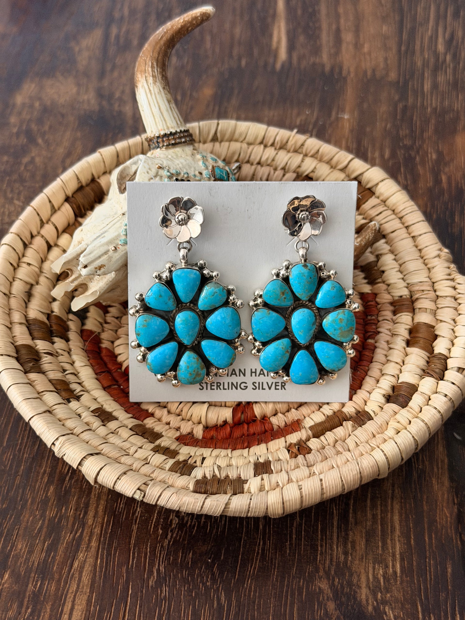 Navajo Made Kingman Turquoise & Sterling Silver Post Dangle Cluster Earrings
