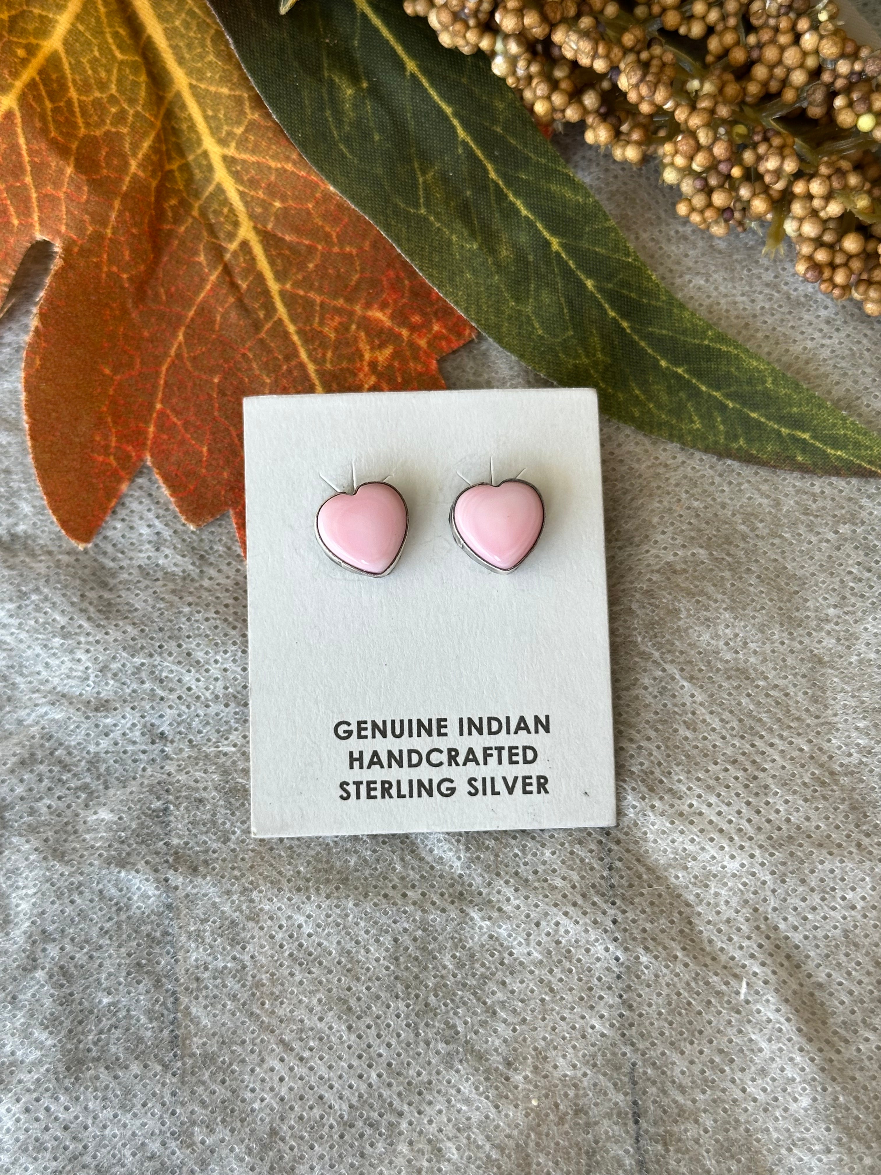Navajo Made Pink Conch & Sterling Silver Post Heart Earrings
