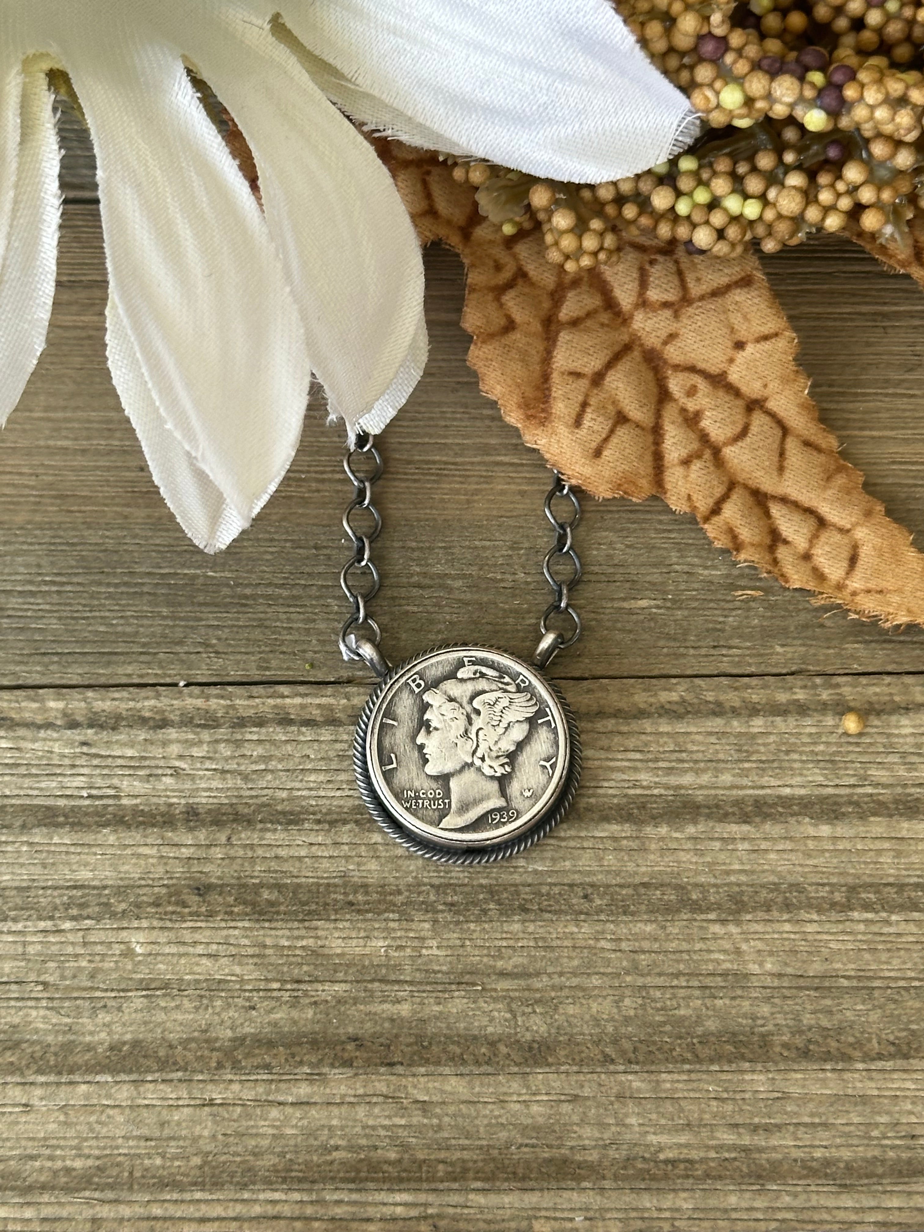 Peggy Skeets Sterling Silver Liberty Dime Necklace