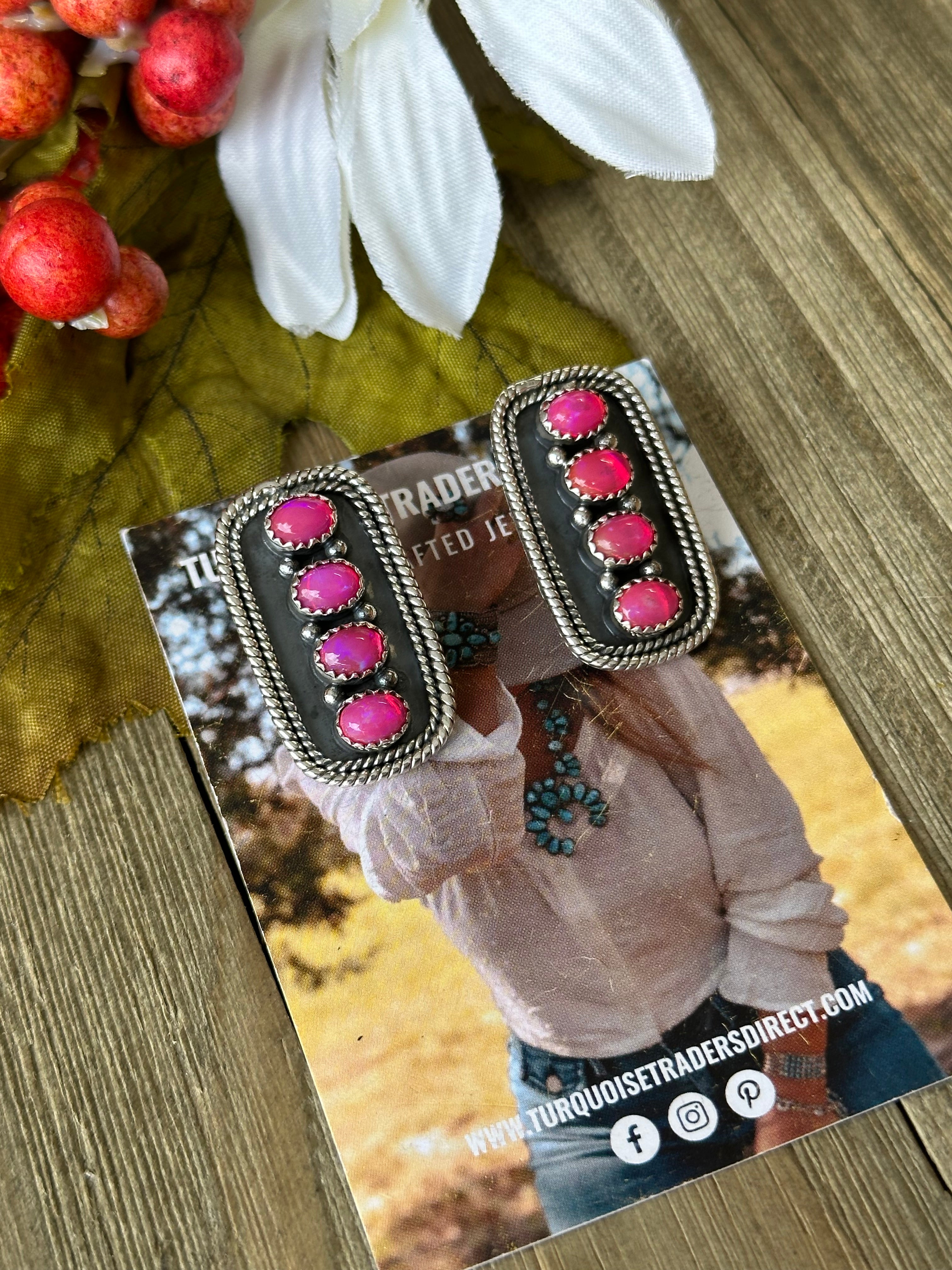 Southwest Handmade Pink Onyx & Sterling Silver Post Dangle Cluster Earrings