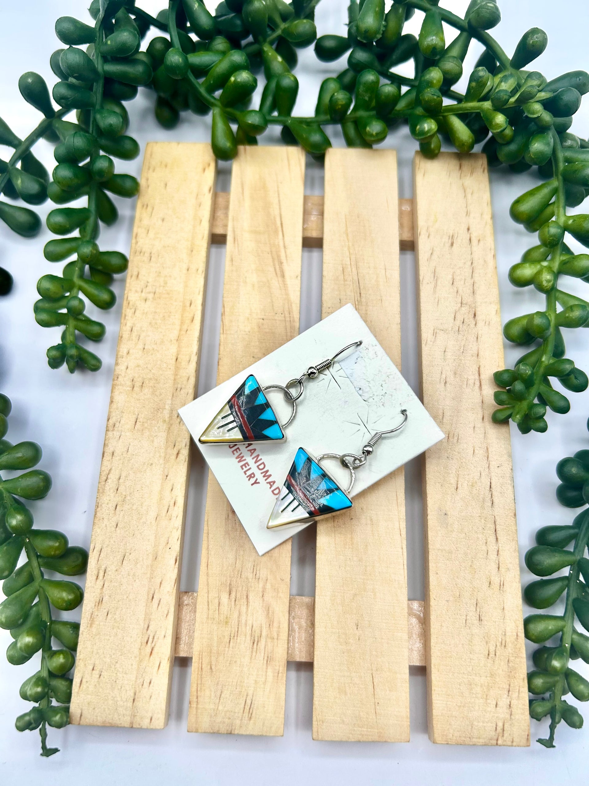 Zuni Made Multi Stone & Sterling Silver Hook Earrings