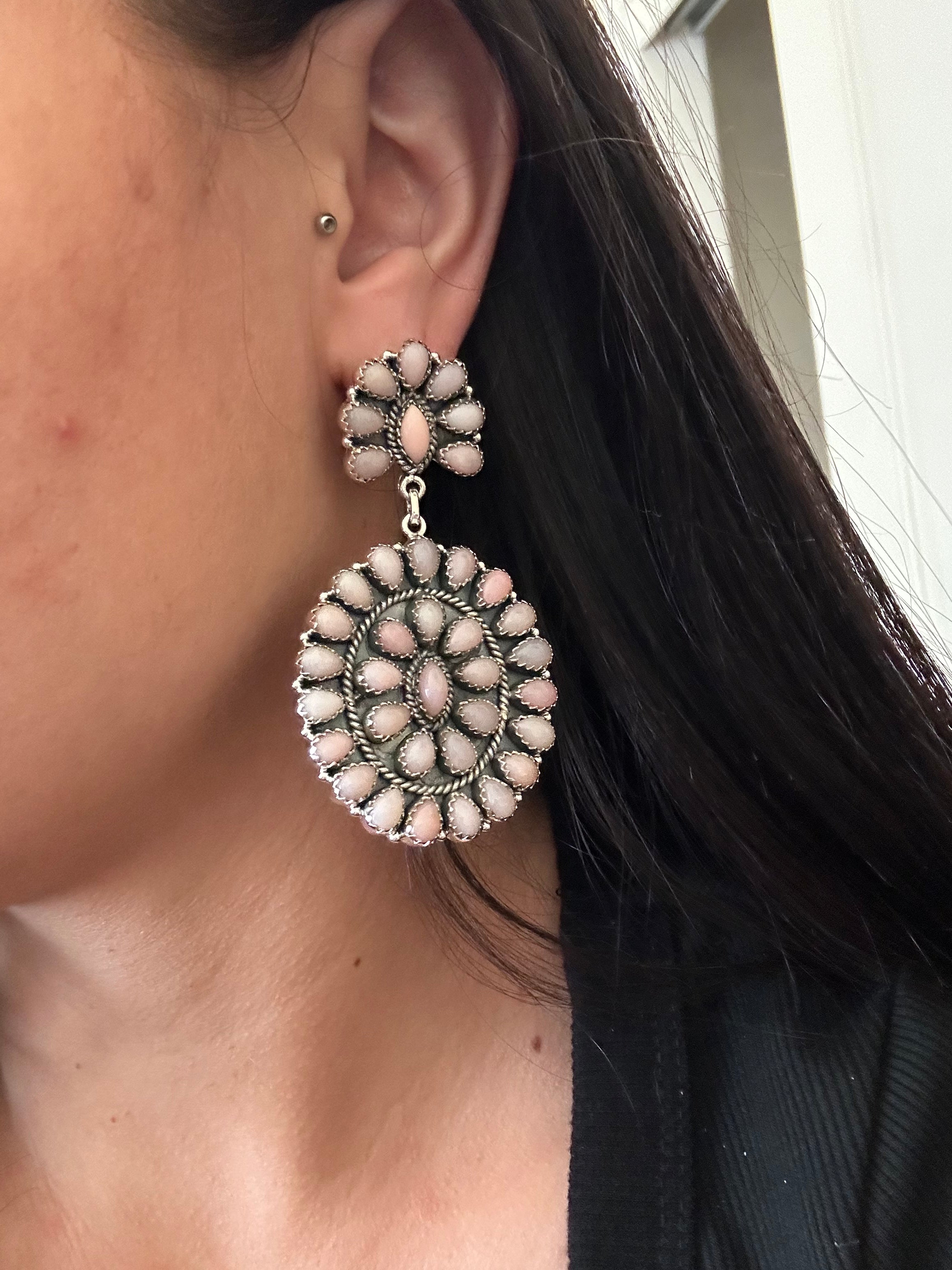 Southwest Handmade Peruvian Pink Opal & Sterling Silver Post Dangle Cluster Earrings