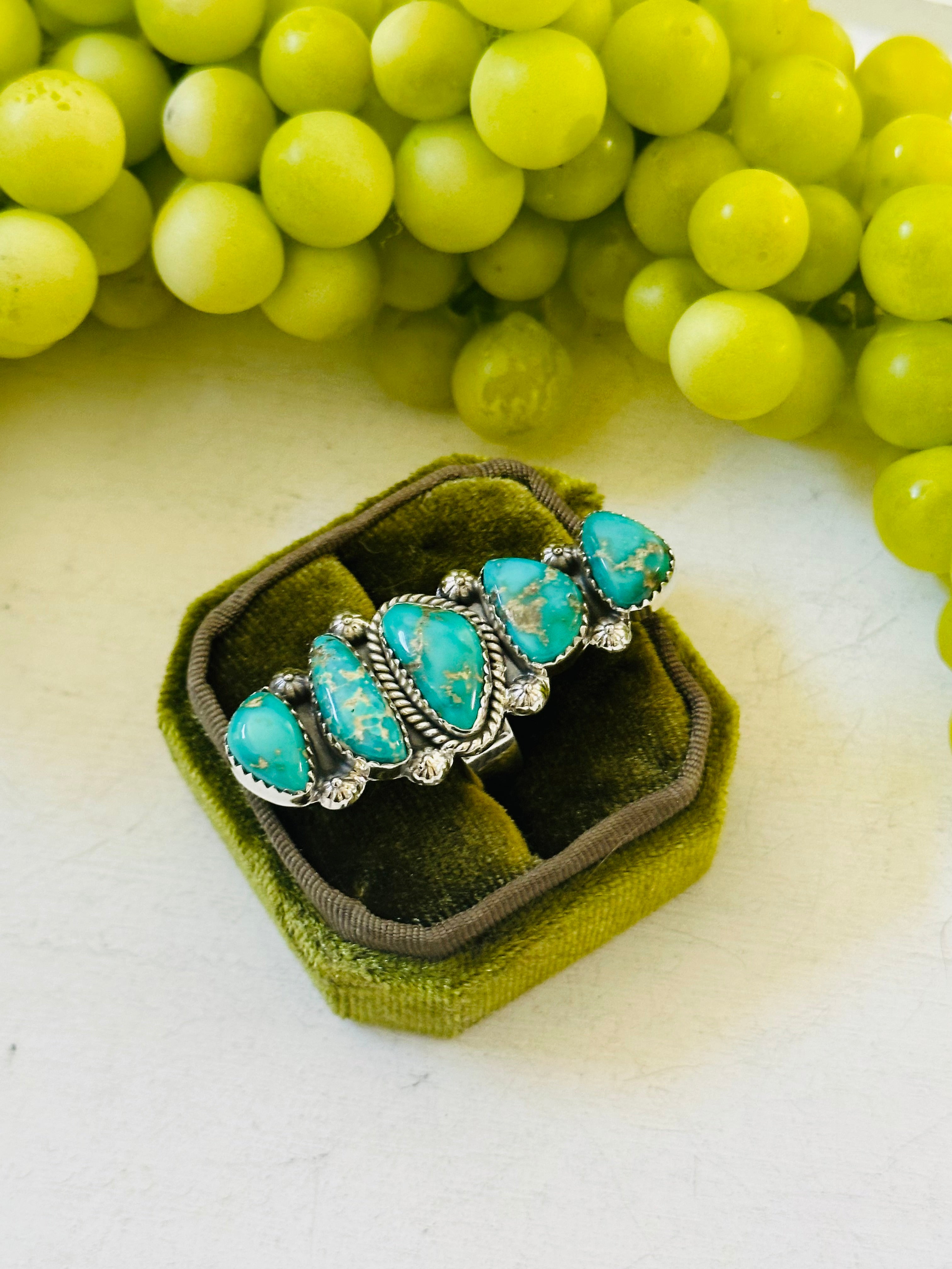 Southwest Handmade Emerald Valley Turquoise & Sterling Silver Adjustable Cluster Ring