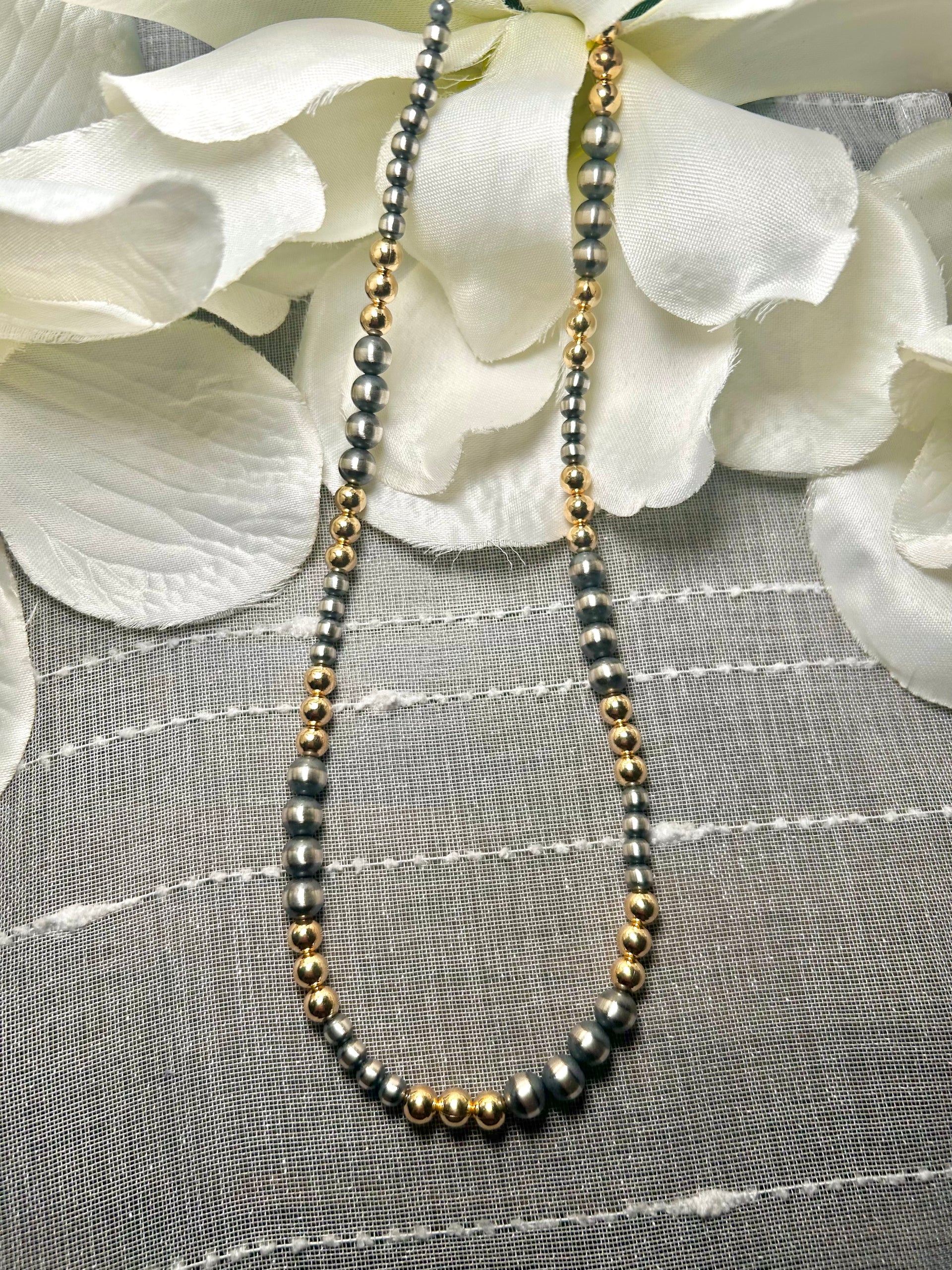 Navajo Made Strung 14K Gold Plate & Sterling Silver Necklace