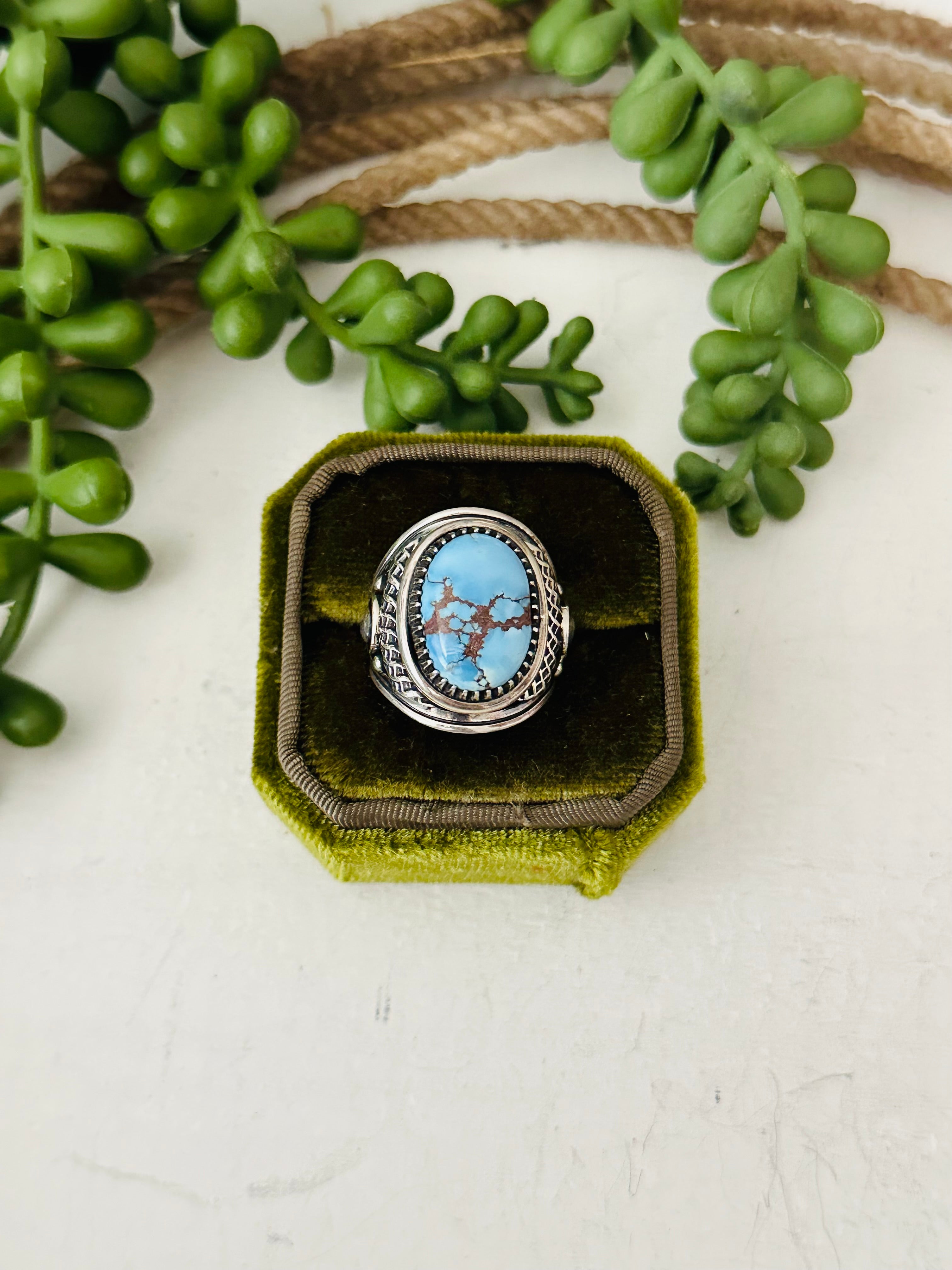 Navajo Made Golden Hills Turquoise & Sterling Silver Ring Size 7.75