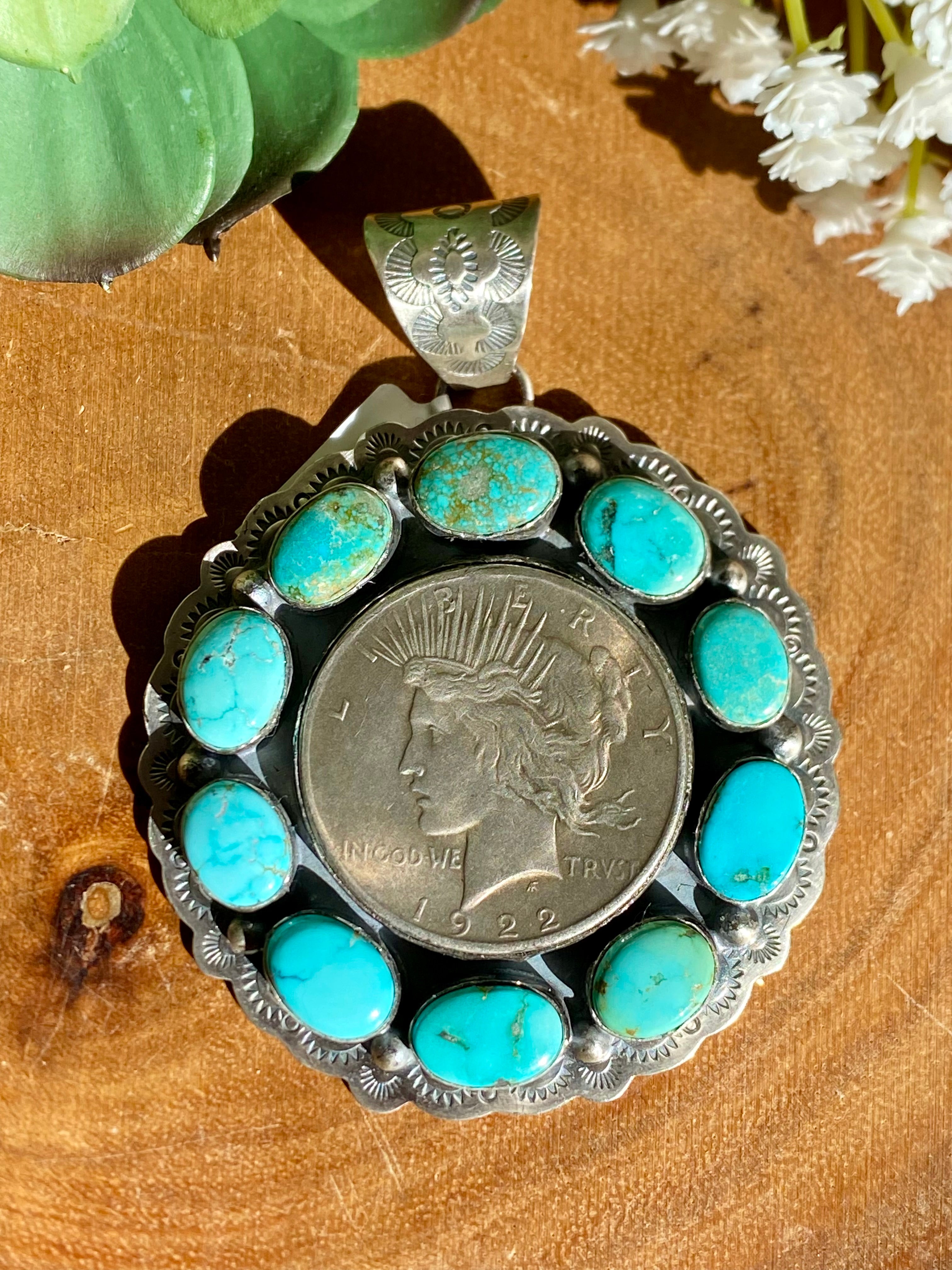 Navajo Made Kingman Turquoise & Sterling Silver 1922 Silver Dollar PENDANT ONLY