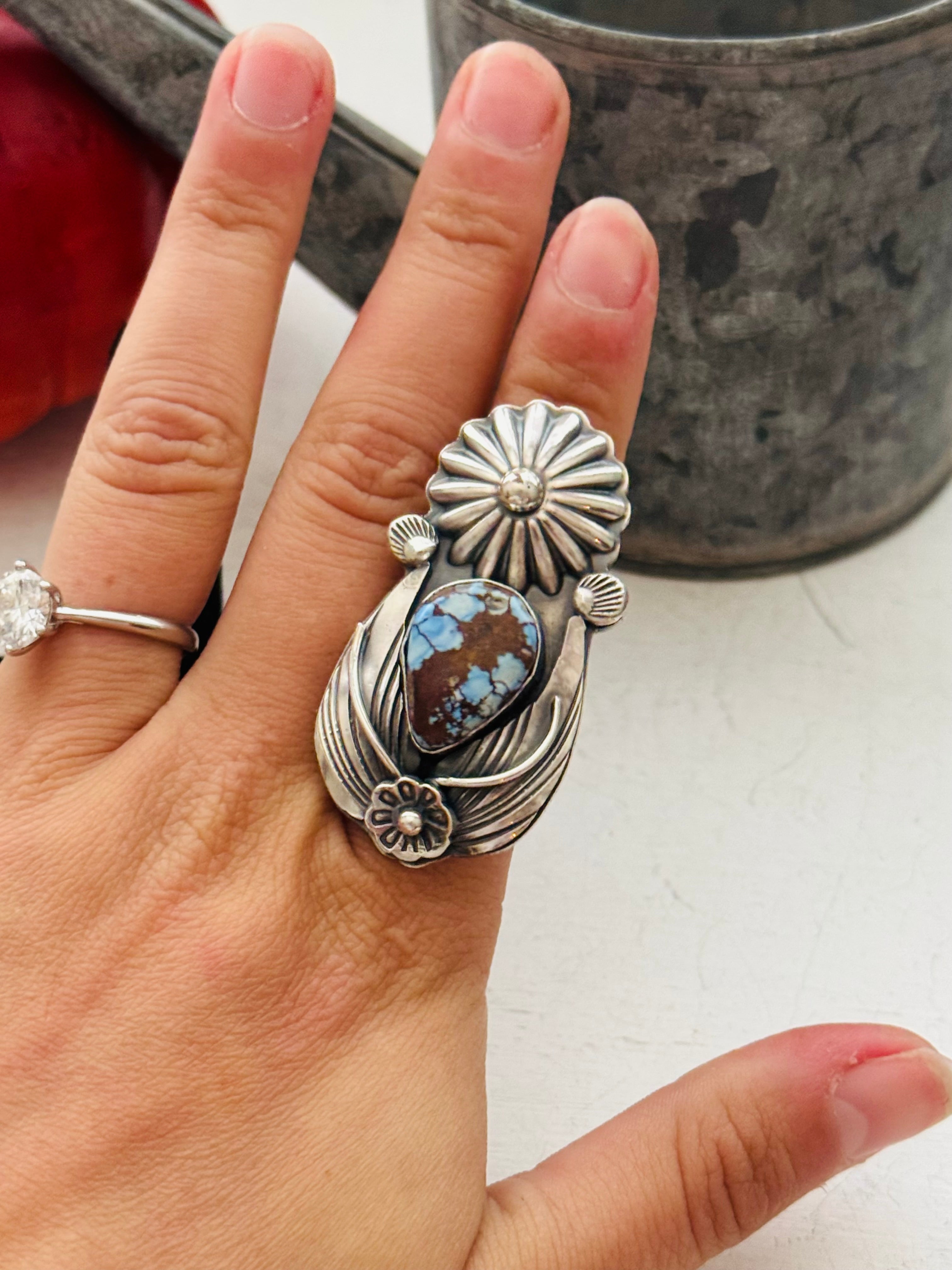 Navajo Made Golden Hills Turquoise & Sterling Silver Adjustable Ring