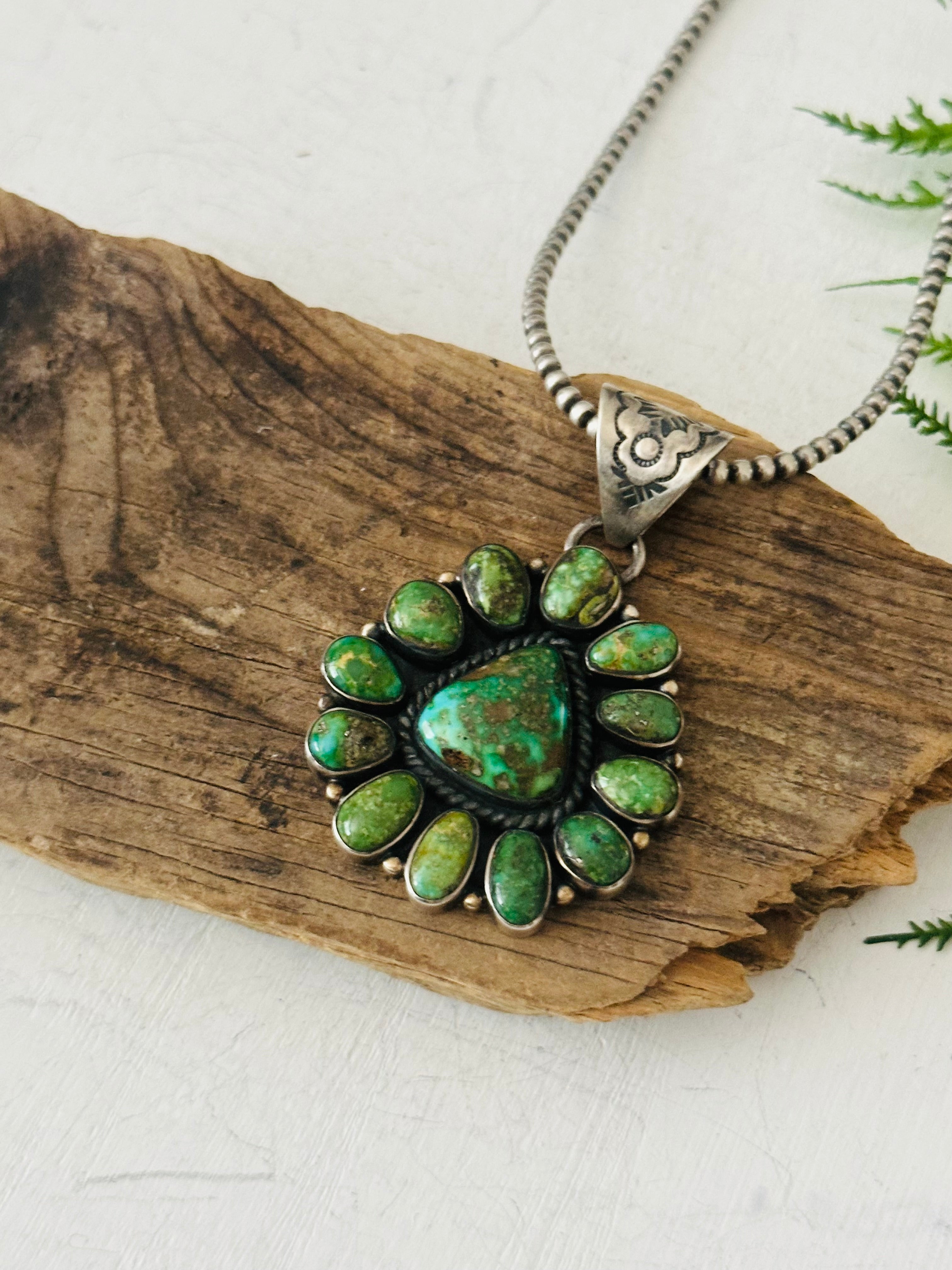 Navajo Made Sonoran Gold Turquoise & Sterling Silver Cluster Pendant