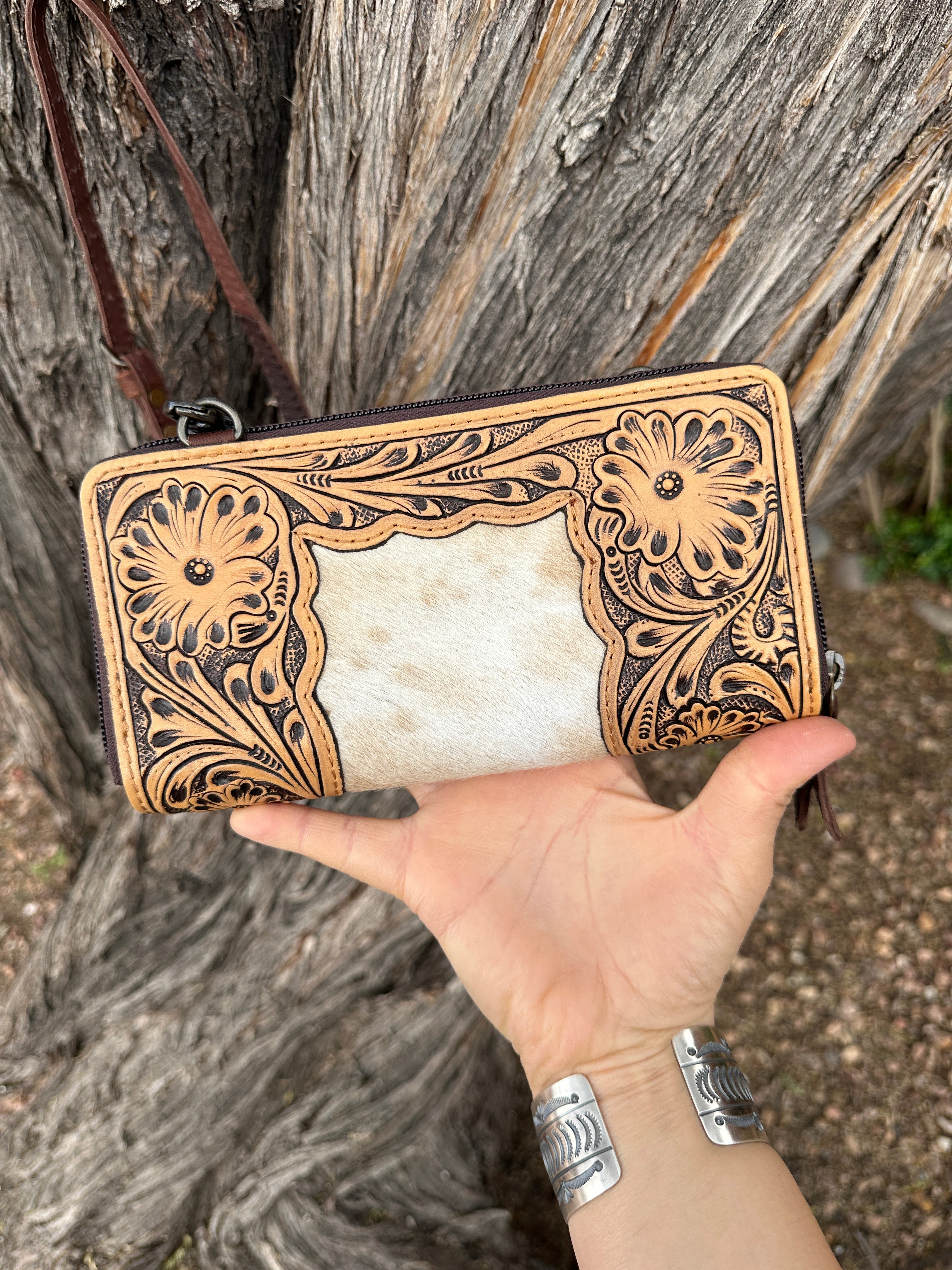 Genuine Tooled Leather & Cowhide Wallet Purse