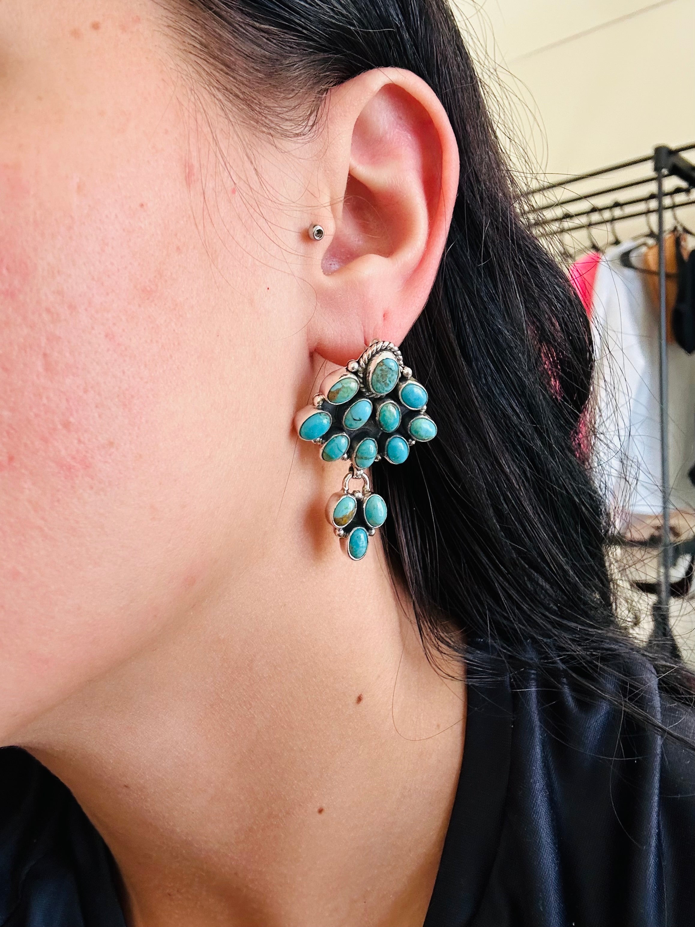 Southwest Handmade Kingman Turquoise & Sterling Silver Post Dangle Earrings