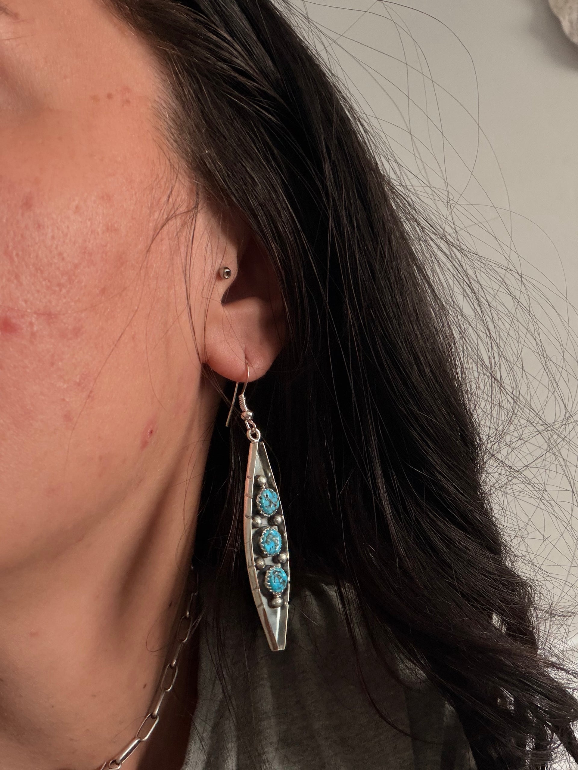 Navajo Made Kingman Turquoise & Sterling Silver Dangle Earrings
