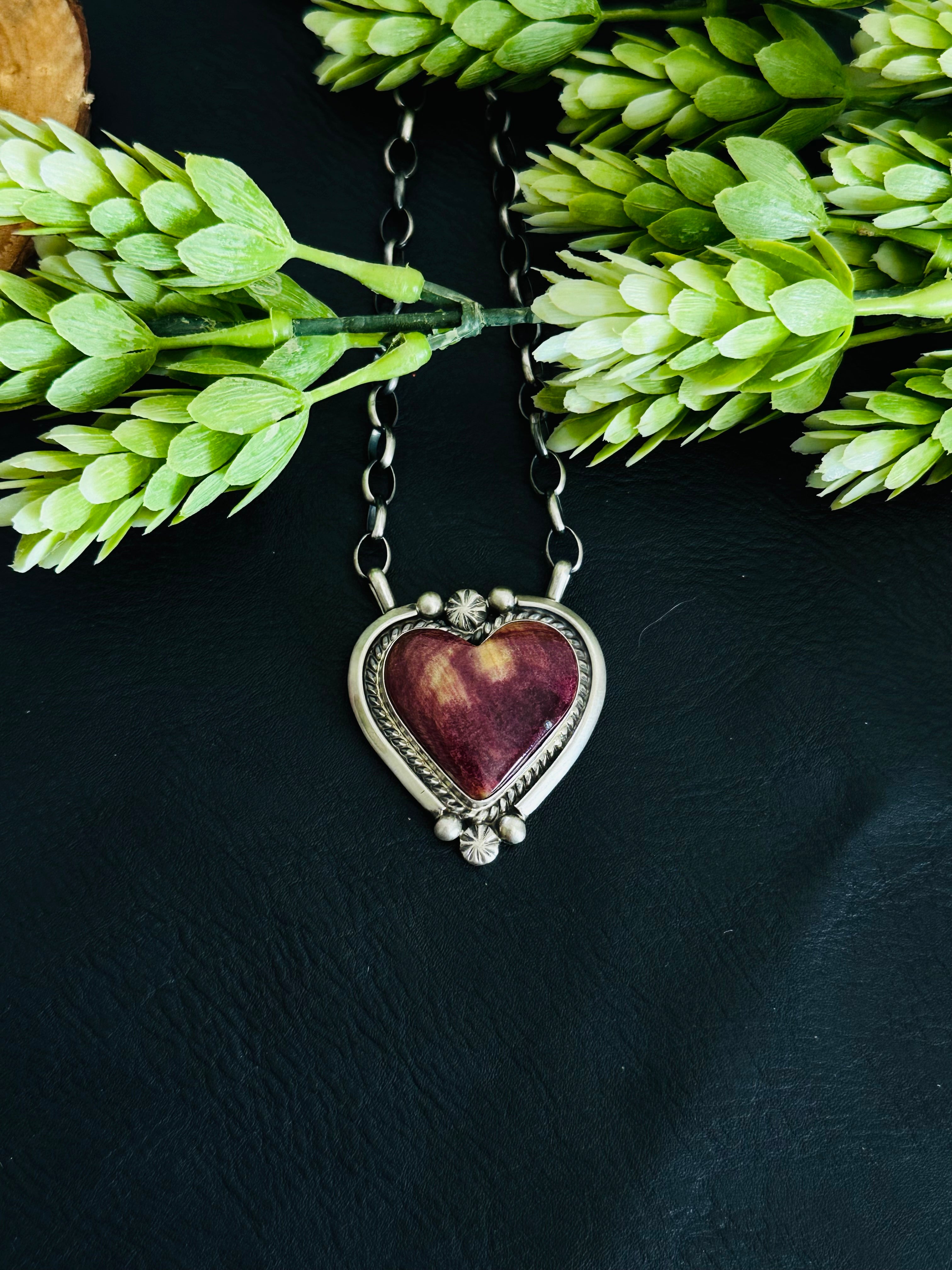 Alfred Martinez Purple Spiny Oyster & Sterling Silver Heart Necklace