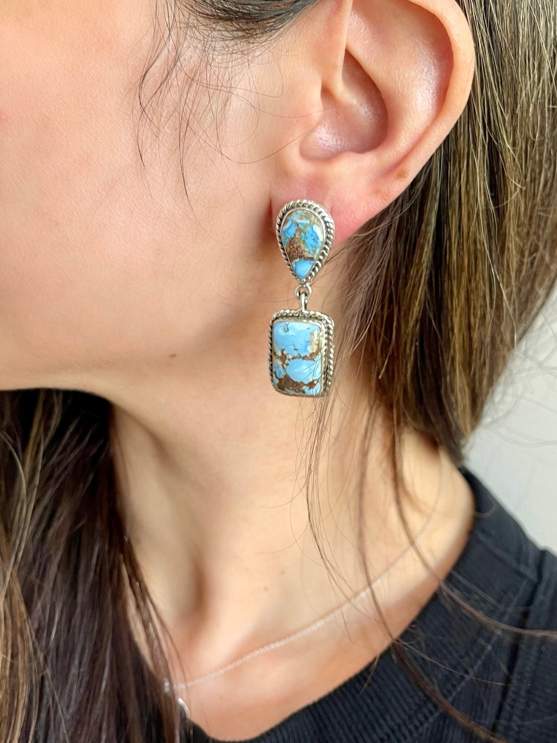 Southwest Handmade Golden Hills Turquoise & Sterling Silver Post Dangle Earrings