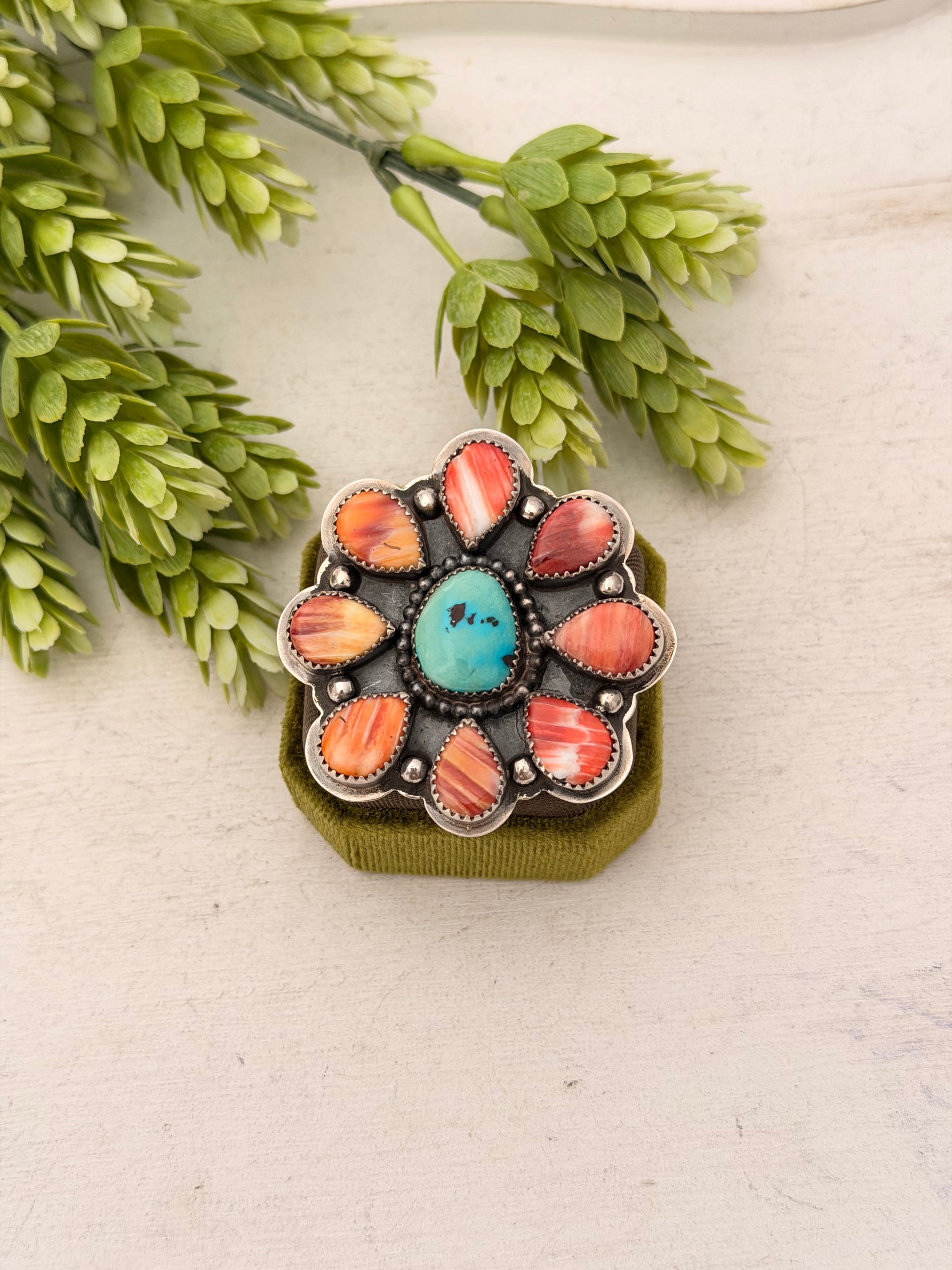 Navajo Made Multi Stone & Sterling Silver Cluster Adjustable Ring