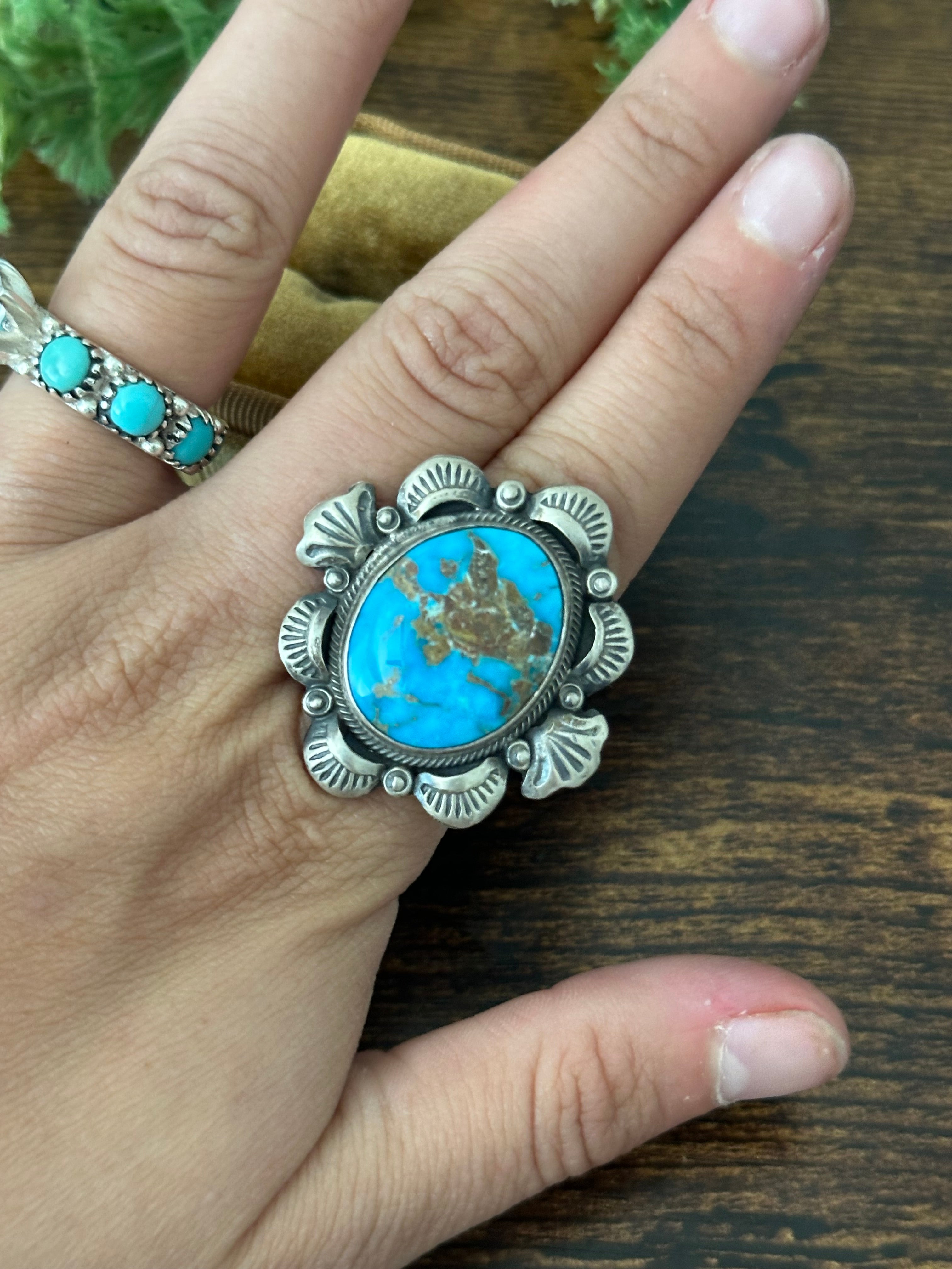 Gilbert Tom Blue Ridge Turquoise & Sterling Silver Ring Size 8.5