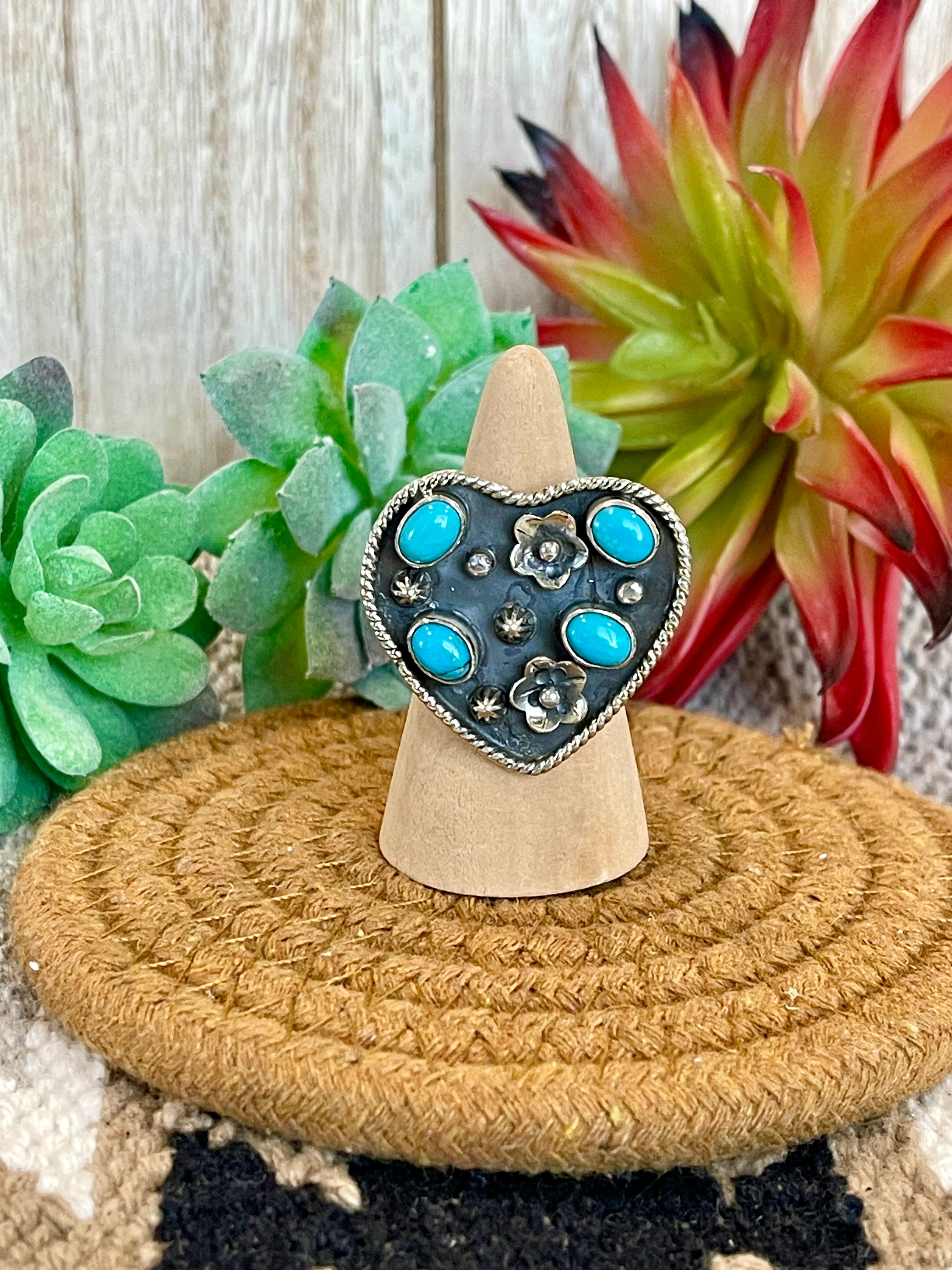 Southwest Handmade Kingman Turquoise & Sterling Silver Adjustable Heart Ring