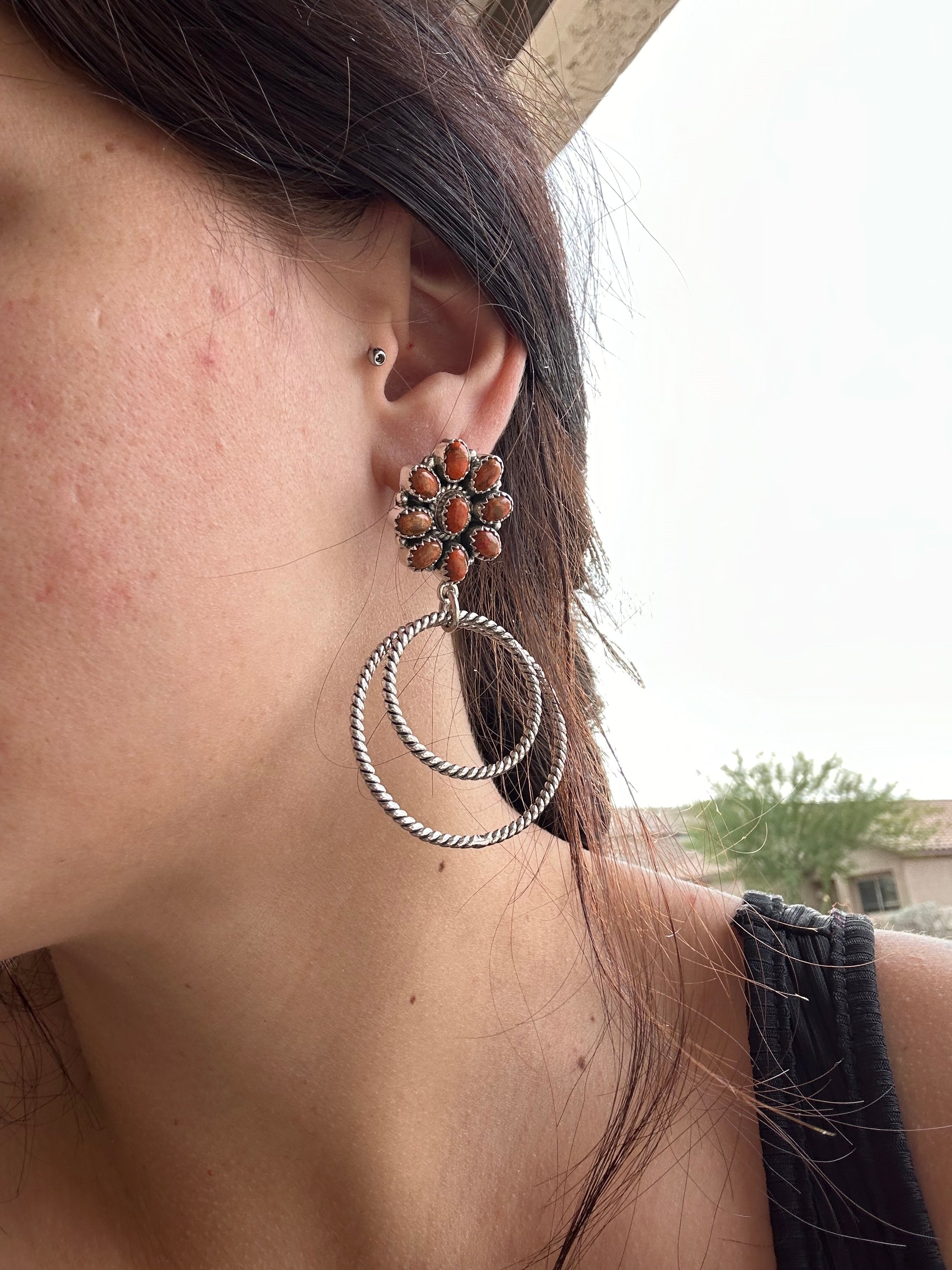 Southwest Handmade Apple Coral & Sterling Silver Post Dangle Earrings