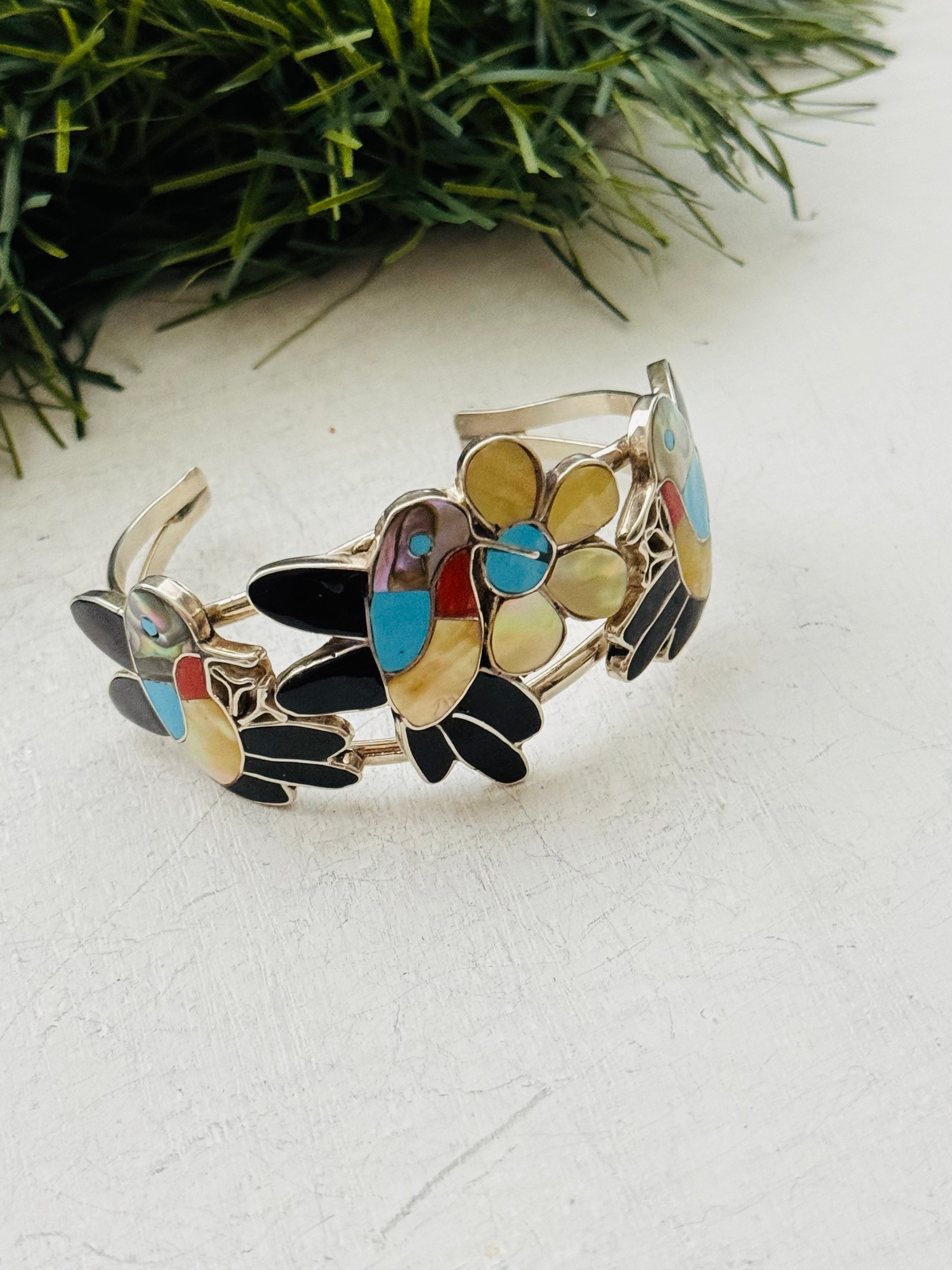 Zuni Made Multi Stone & Sterling Silver Inlay Hummingbird Cuff Bracelet