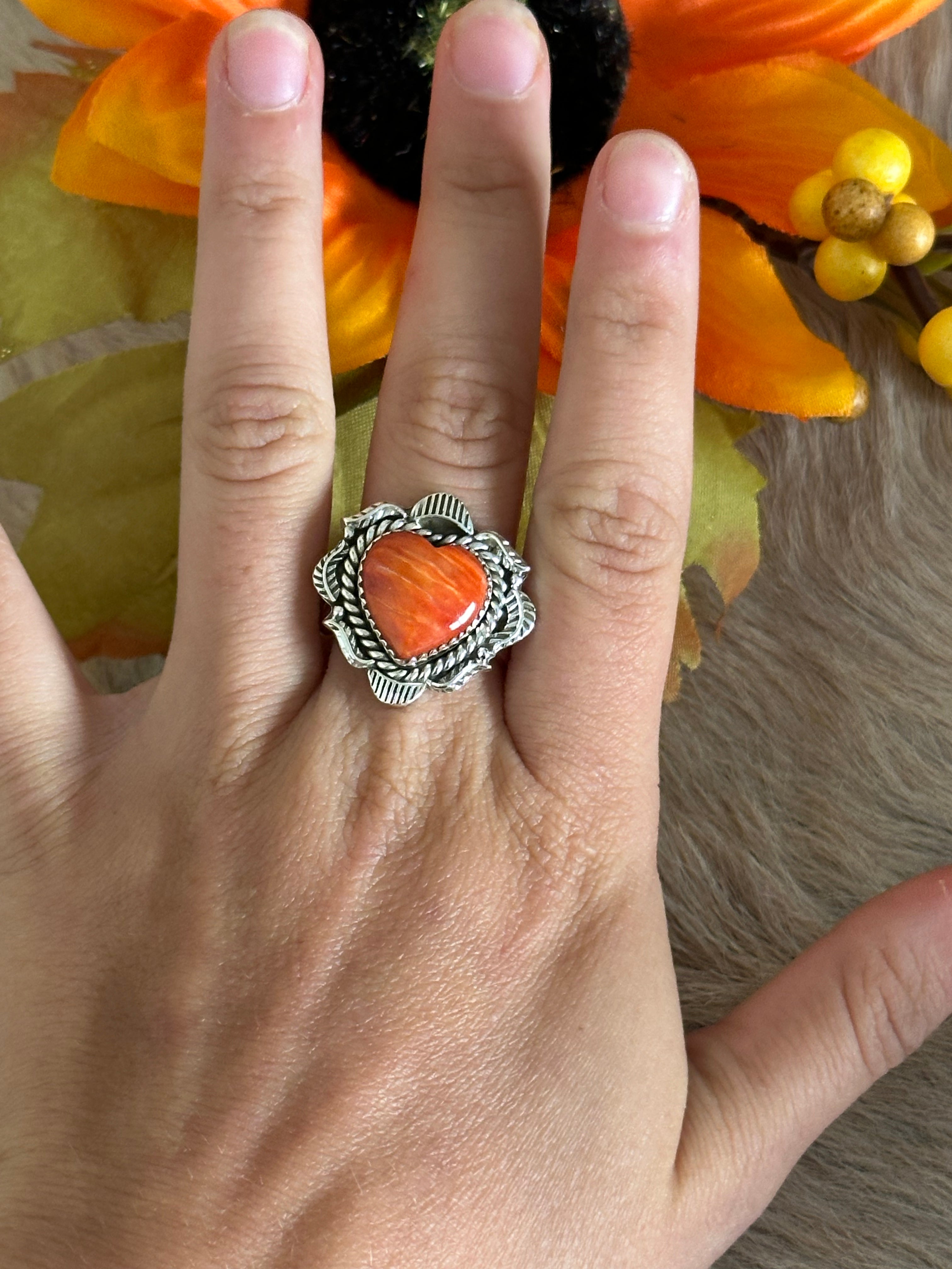 Southwest Handmade Spiny Oyster & Sterling Silver Adjustable Heart Ring