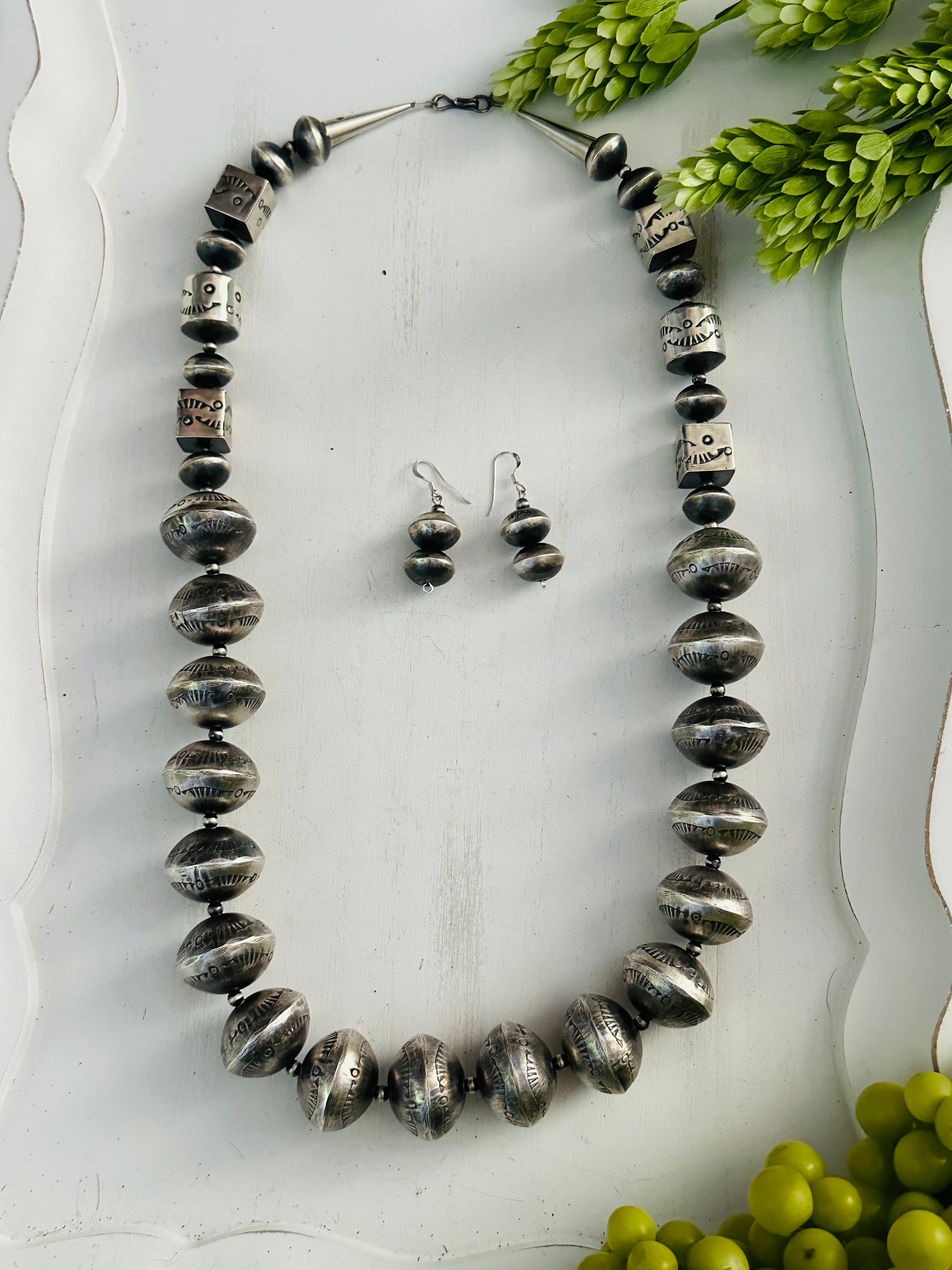 Navajo Handmade Graduated Sterling Silver Pearls Beaded Necklace Set