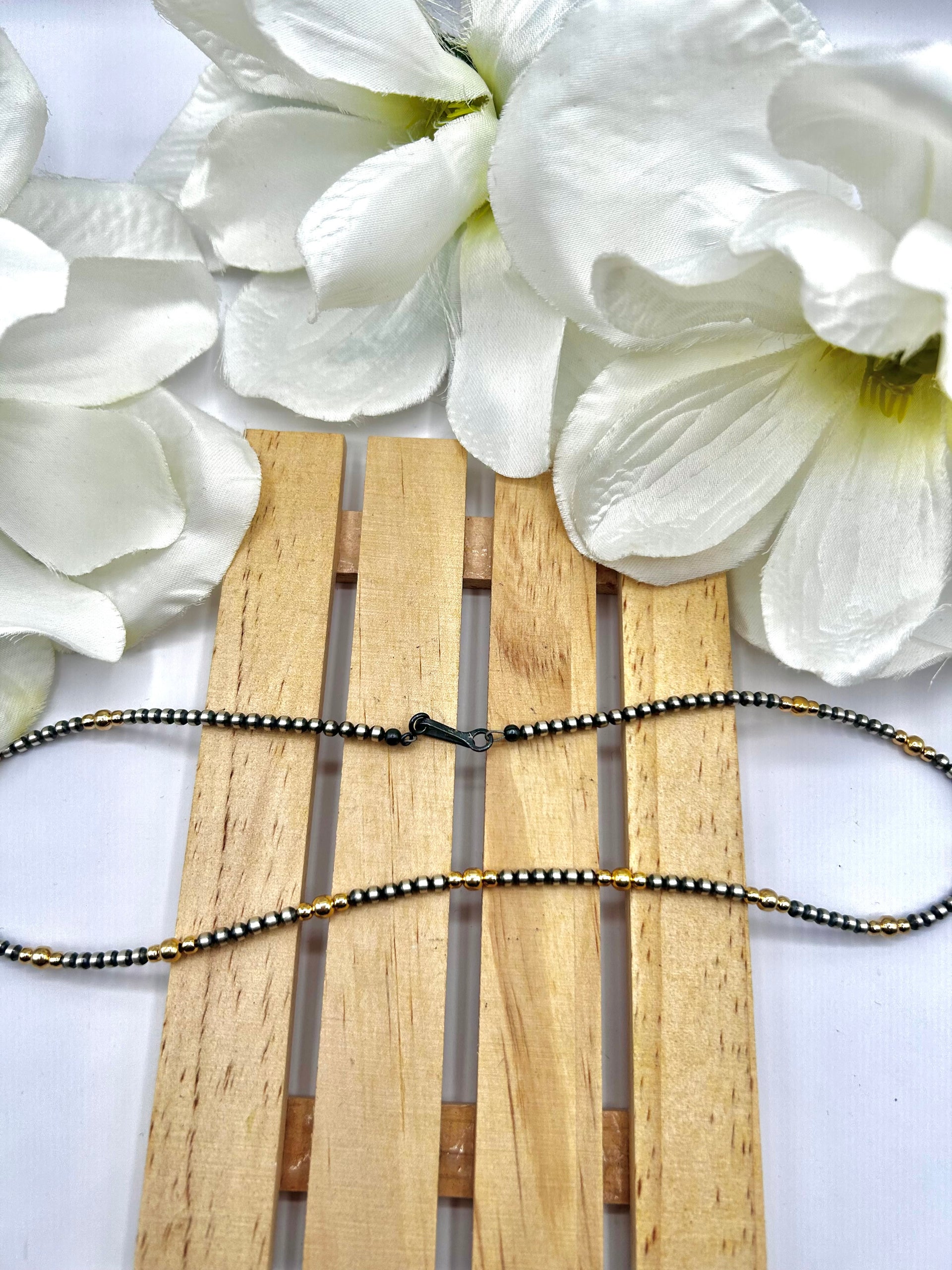 Navajo Made Strung 14K Gold Plated & Sterling Silved Necklace