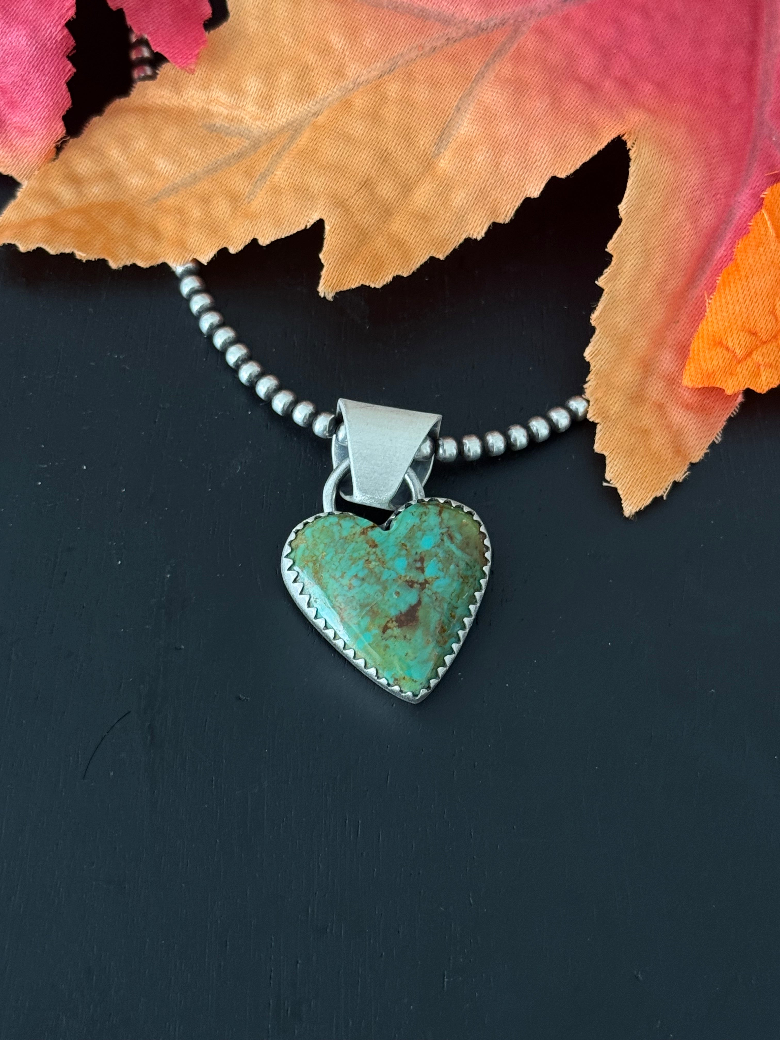 Navajo Made Kingman Turquoise & Sterling Silver Heart Pendant