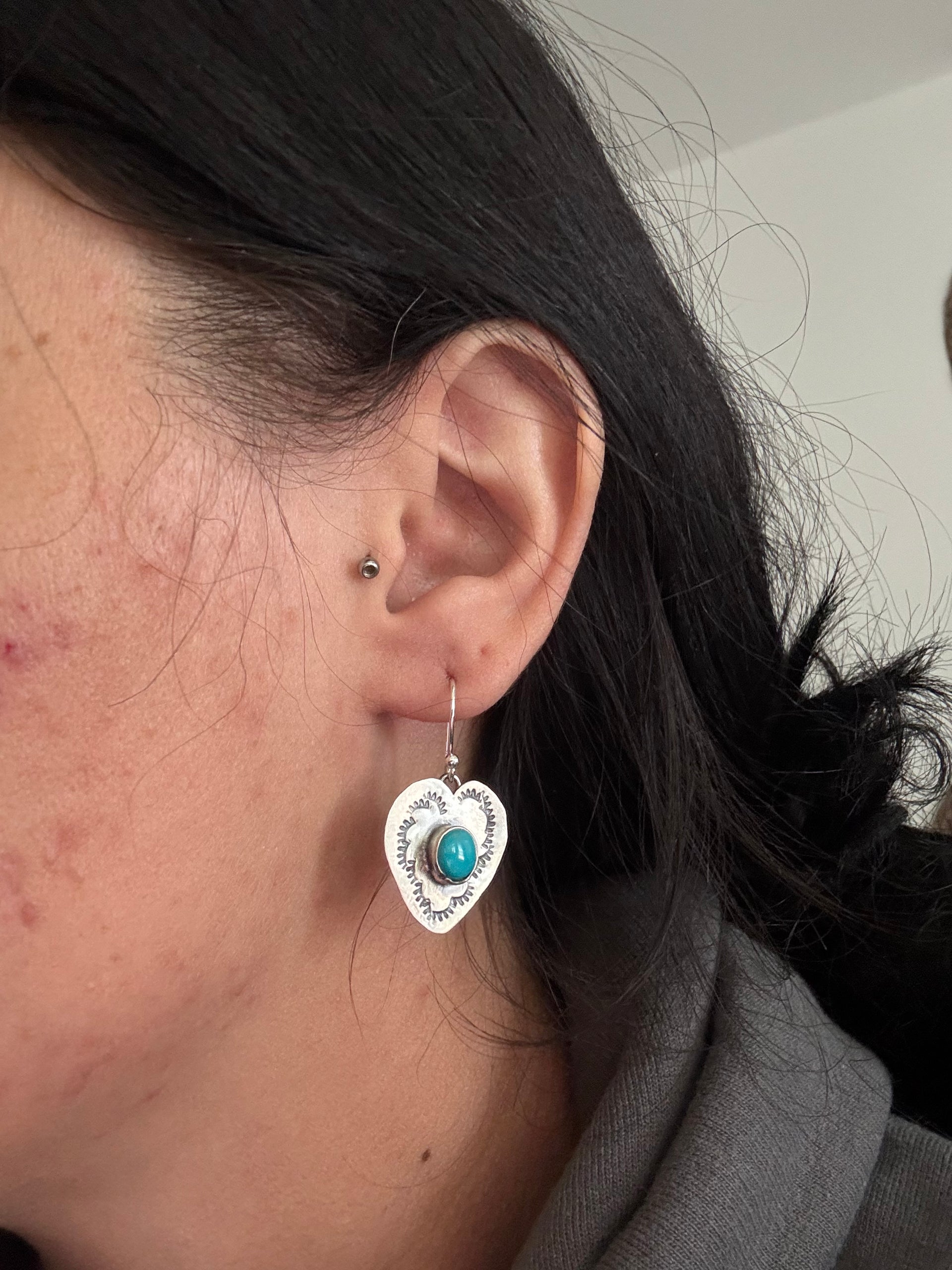 Navajo Made Kingman Turquoise & Sterling Silver Dangle Heart Earrings