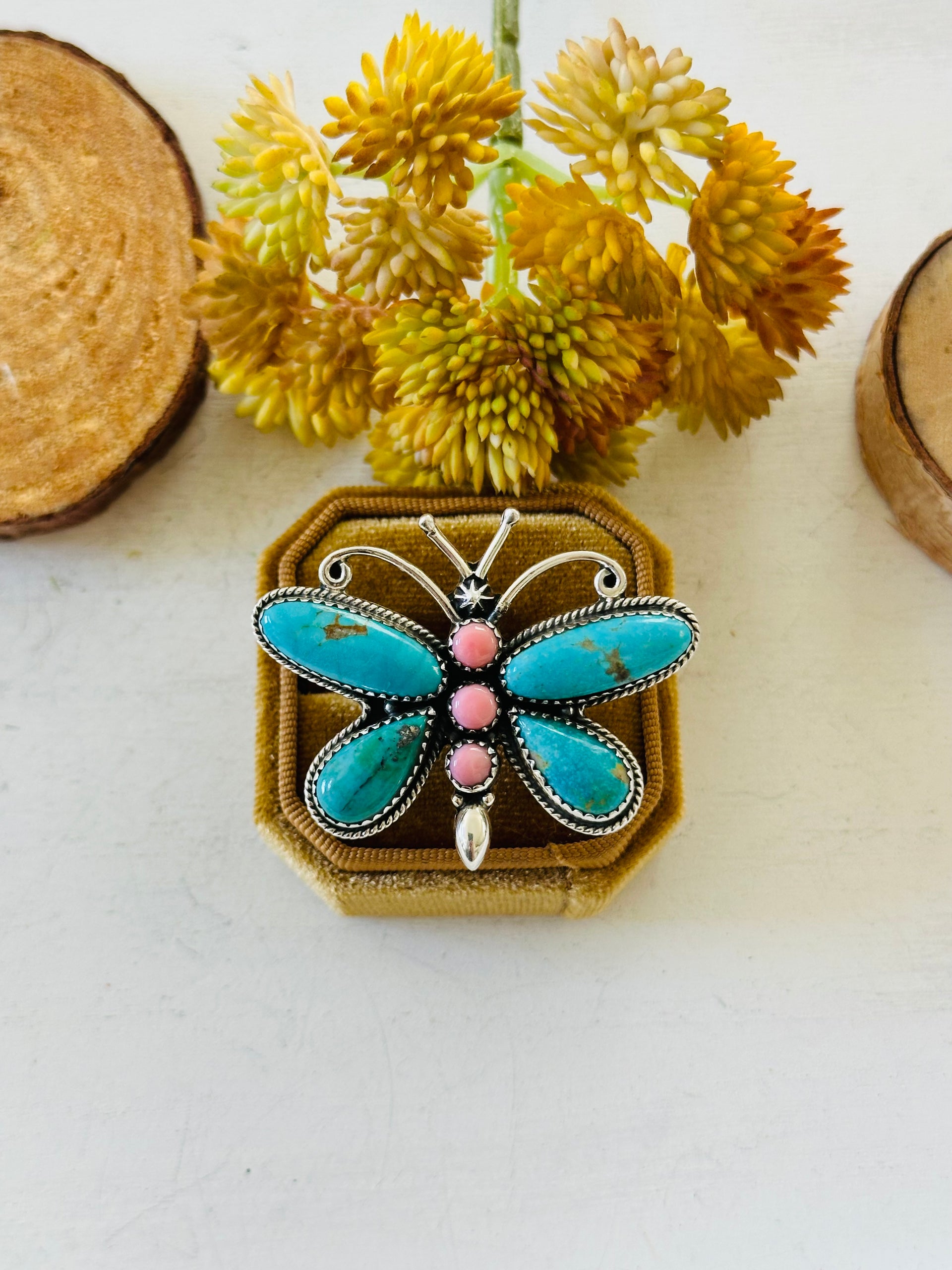 Navajo Made Multi Stone & Sterling Silver Butterfly Ring Adjustable