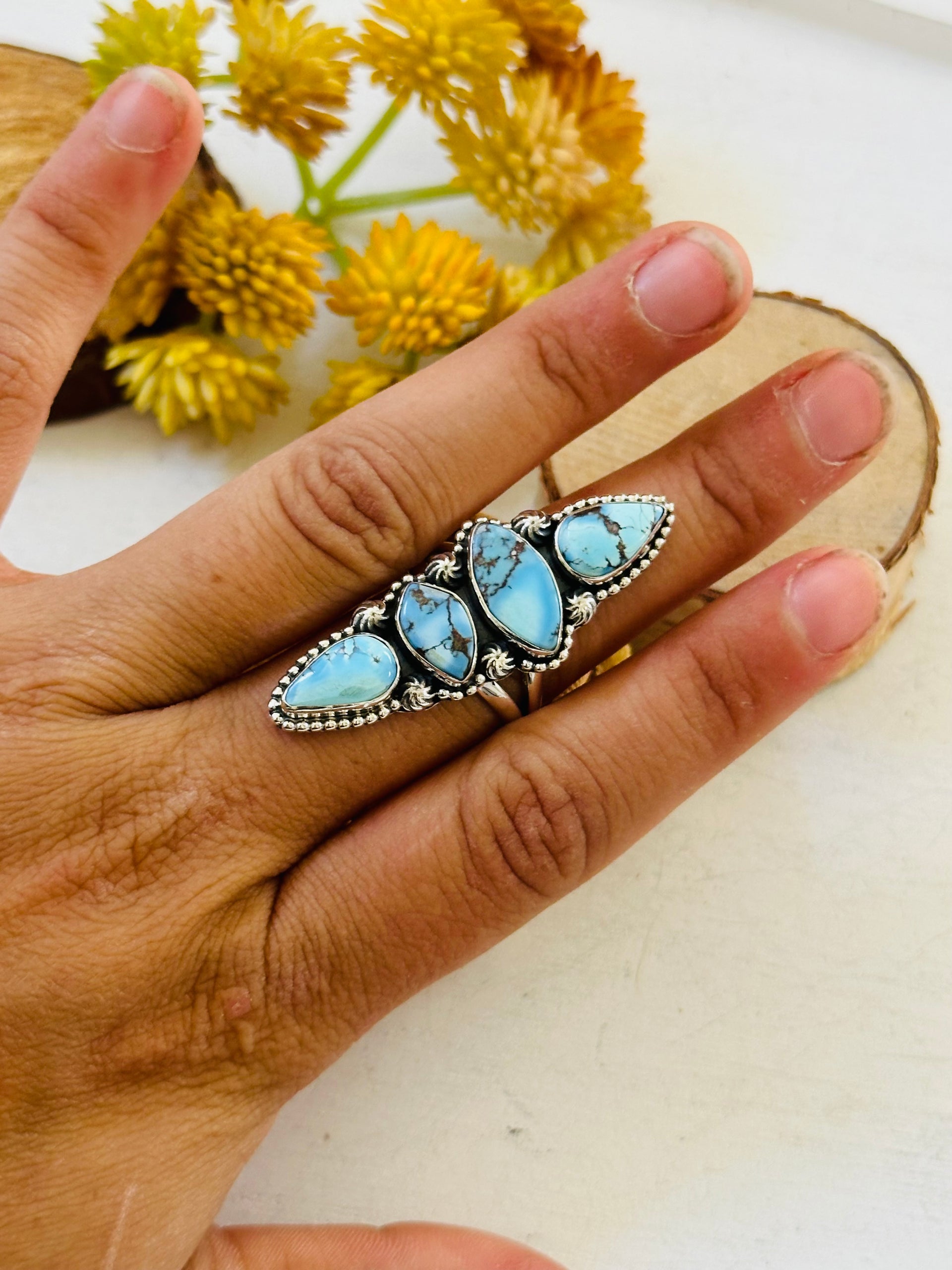 Southwest Handmade Golden Hills Turquoise & Sterling Silver Ring Size 9