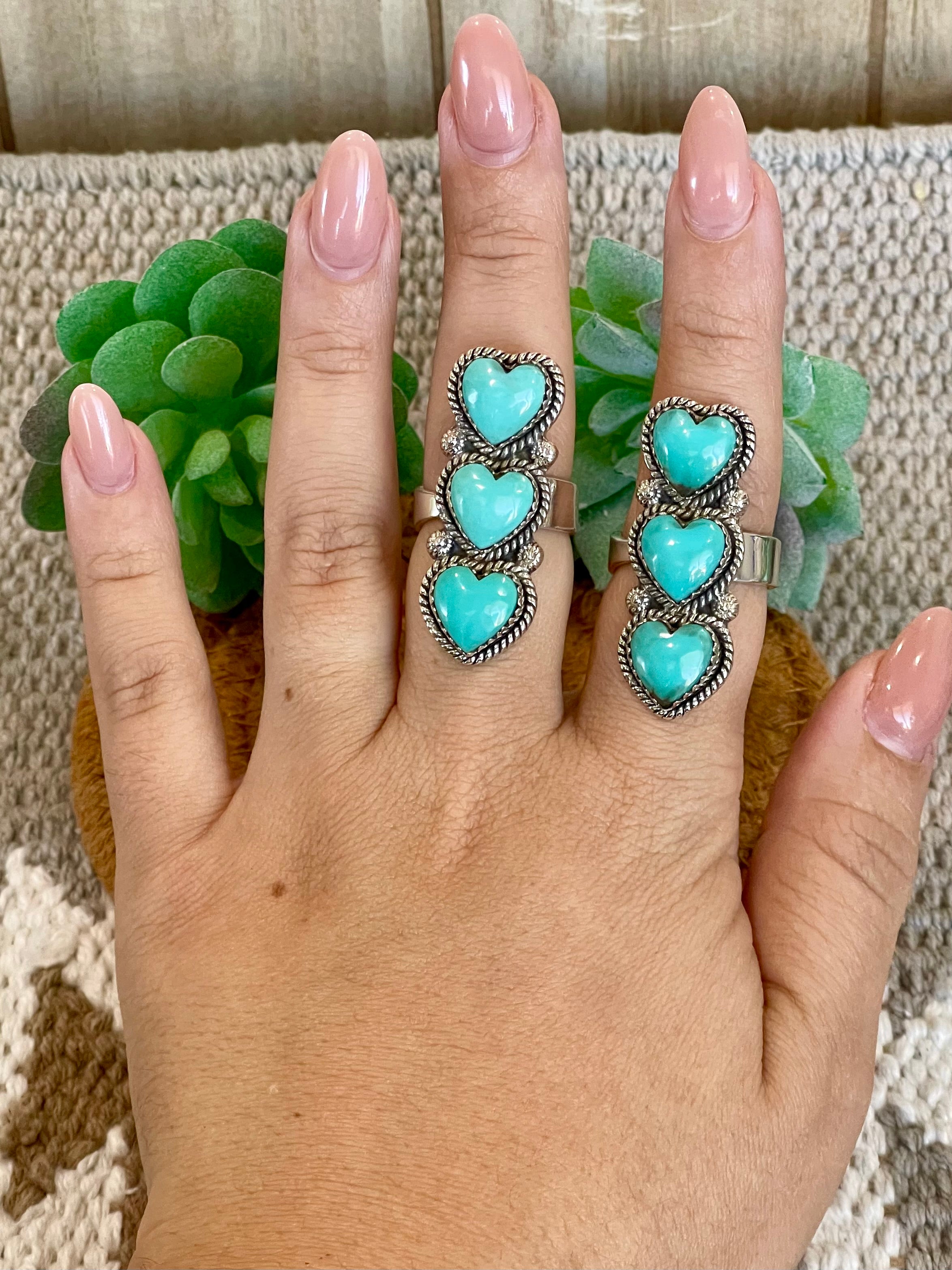 Southwest Handmade Kingman Turquoise & Sterling Silver Adjustable 3 Stone Heart  Ring