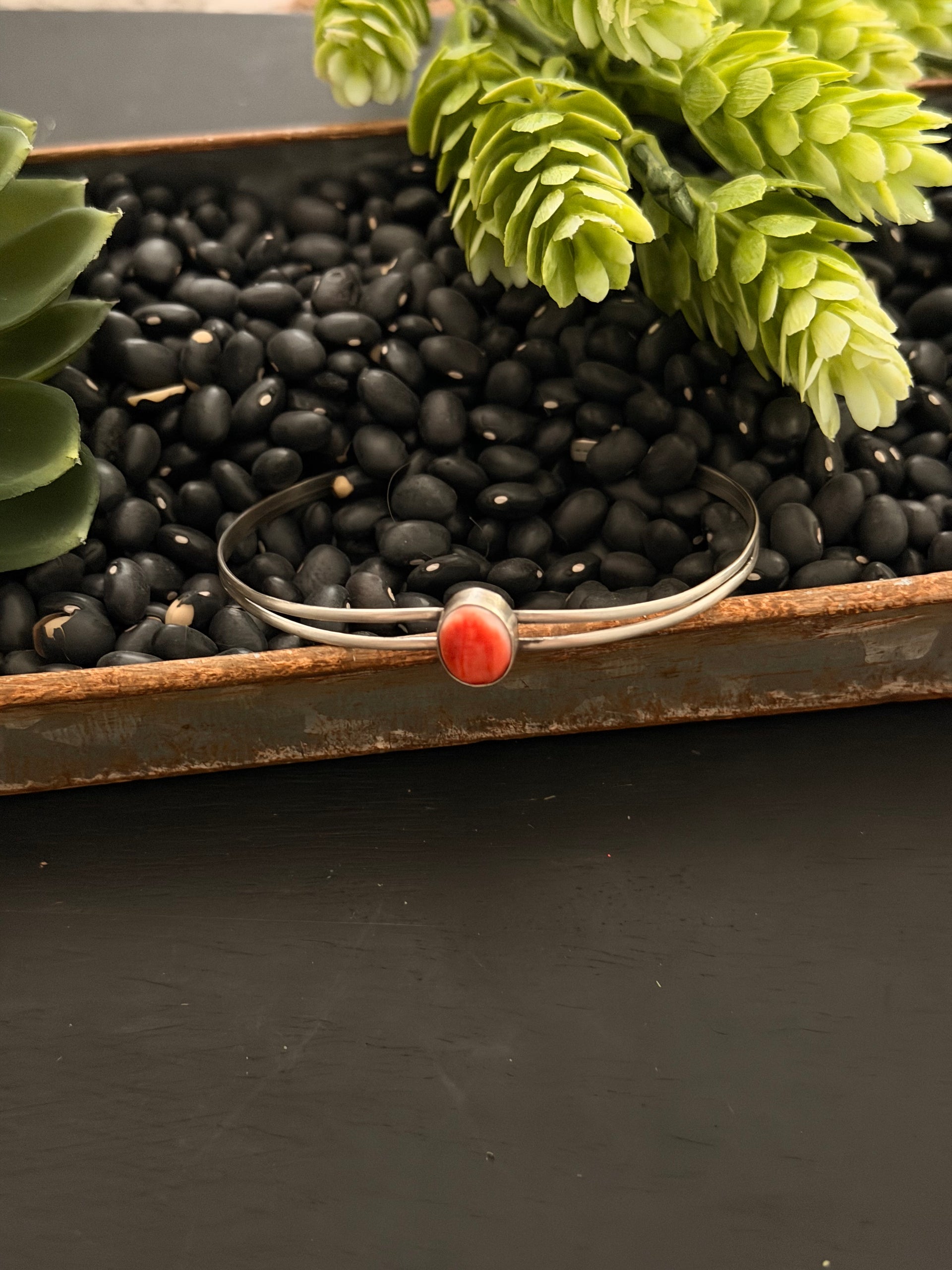 Navajo Made Red Spiny Oyster & Sterling Silver Cuff Bracelet
