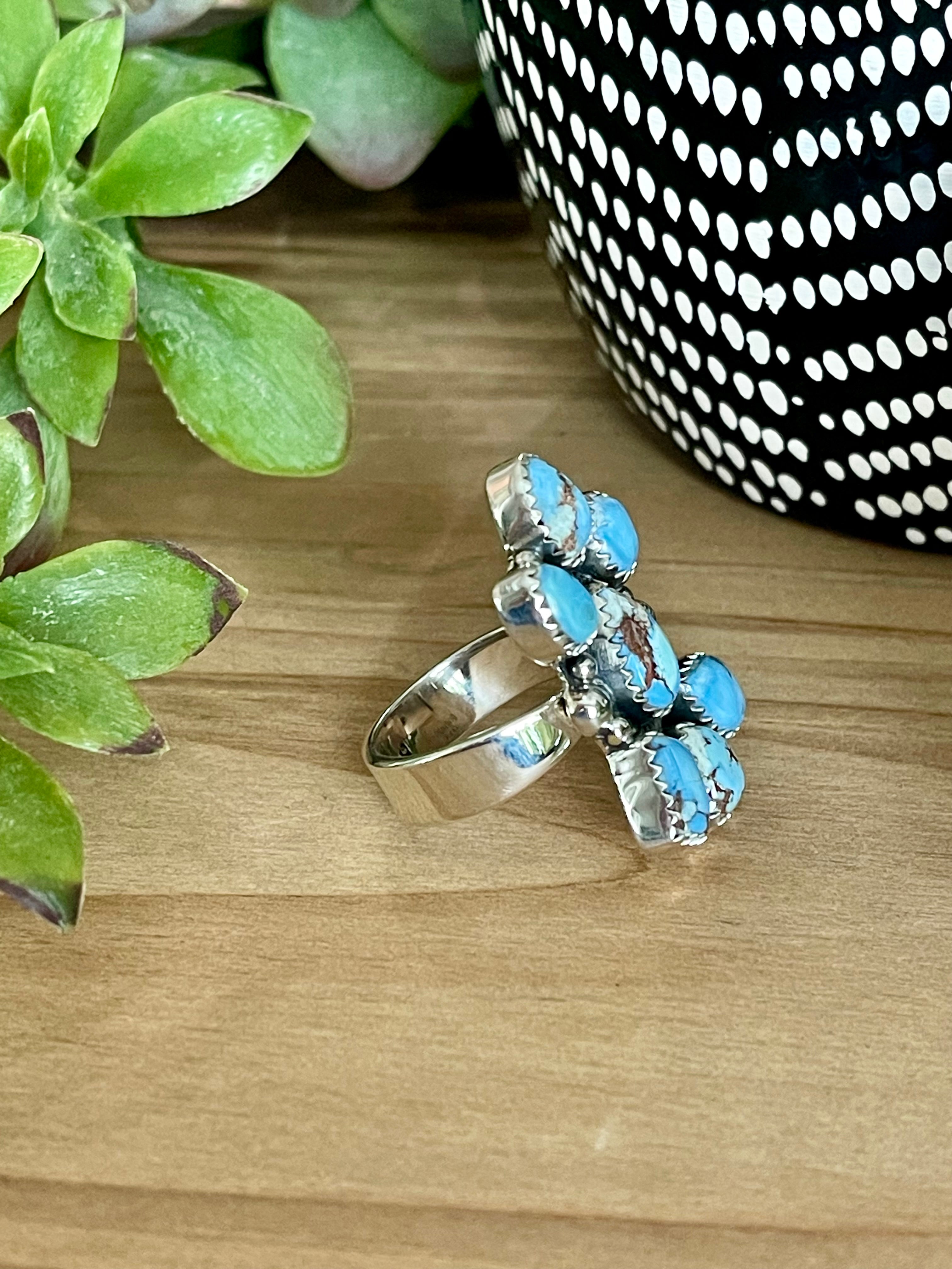 Southwest Handmade Golden Hills Turquoise & Sterling Silver Adjustable Cluster Ring