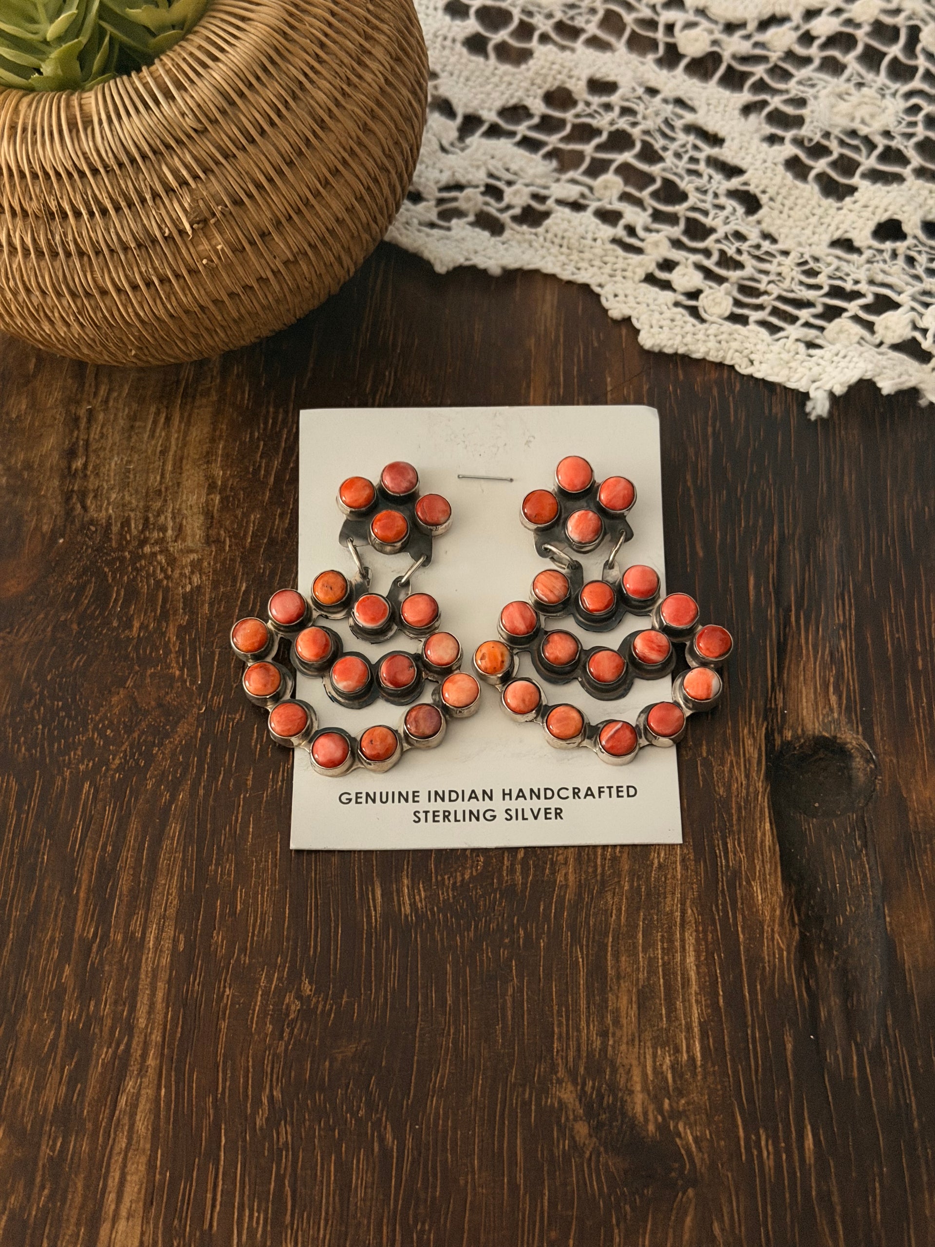Navajo Made Spiny Oyster & Sterling Silver Post Dangle Cluster Earrings