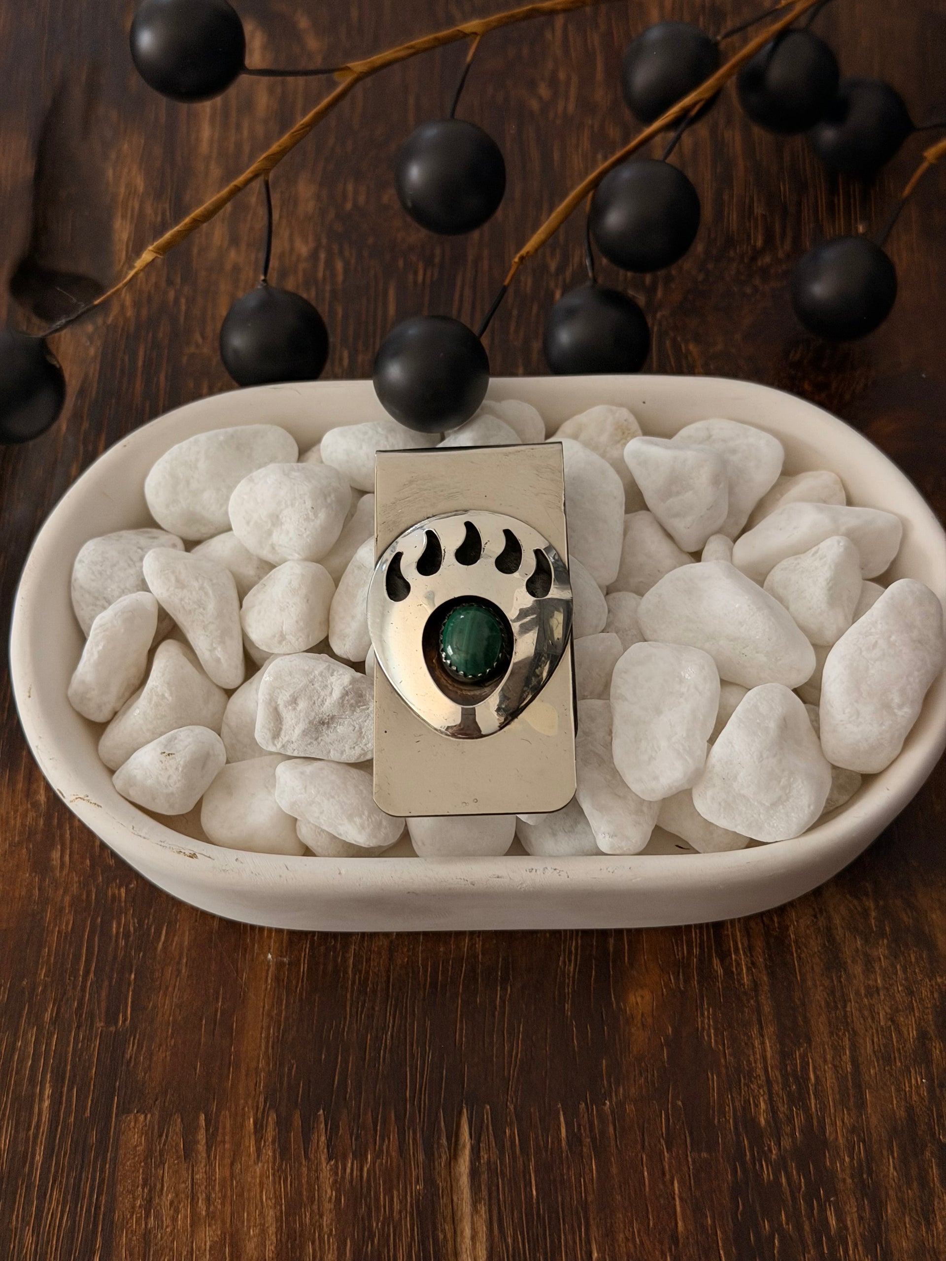Navajo Made Malachite & Sterling Silver Bear Claw Money Clip