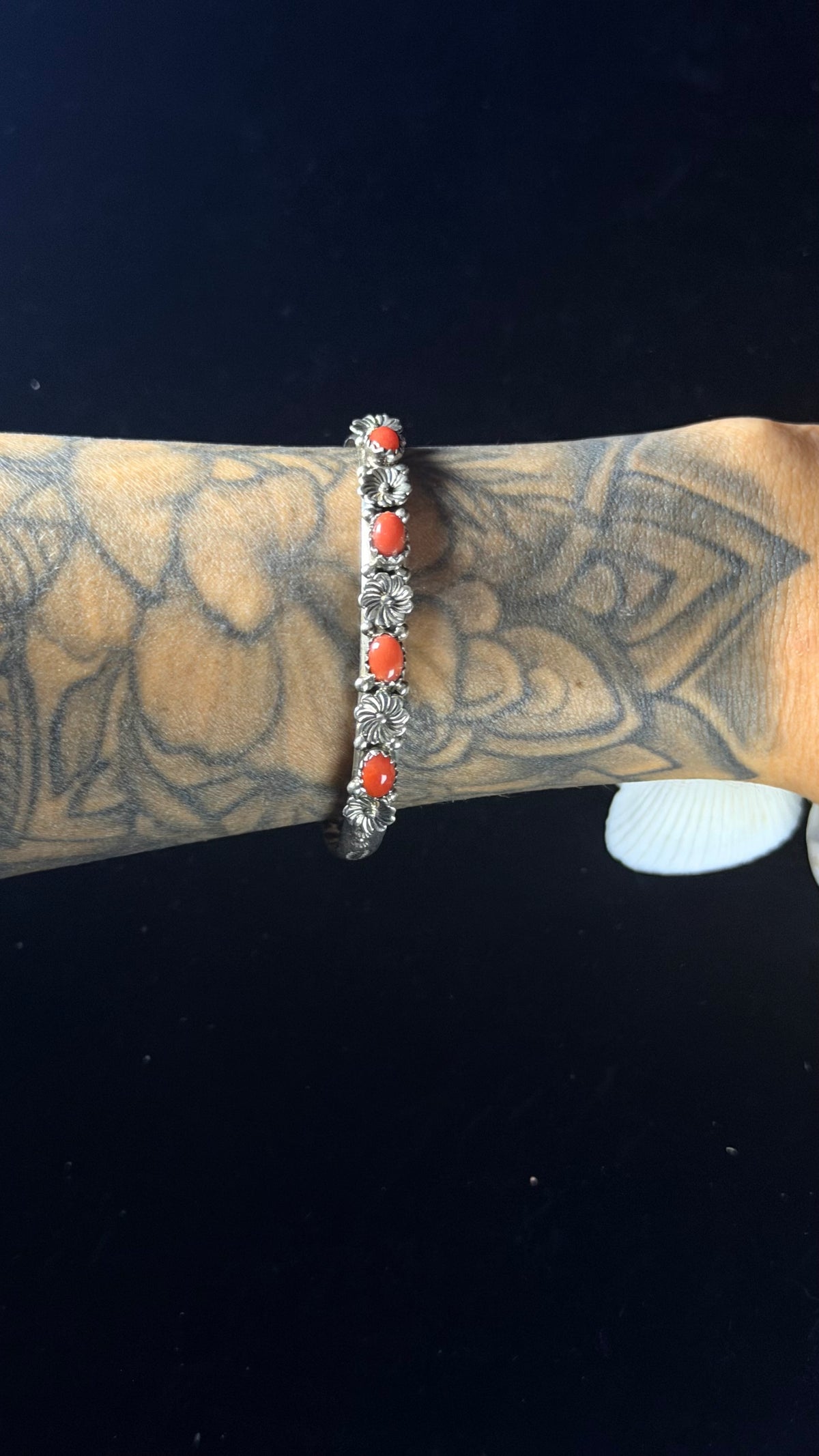 Navajo Made Natural Coral & Sterling Silver Cuff Bracelet