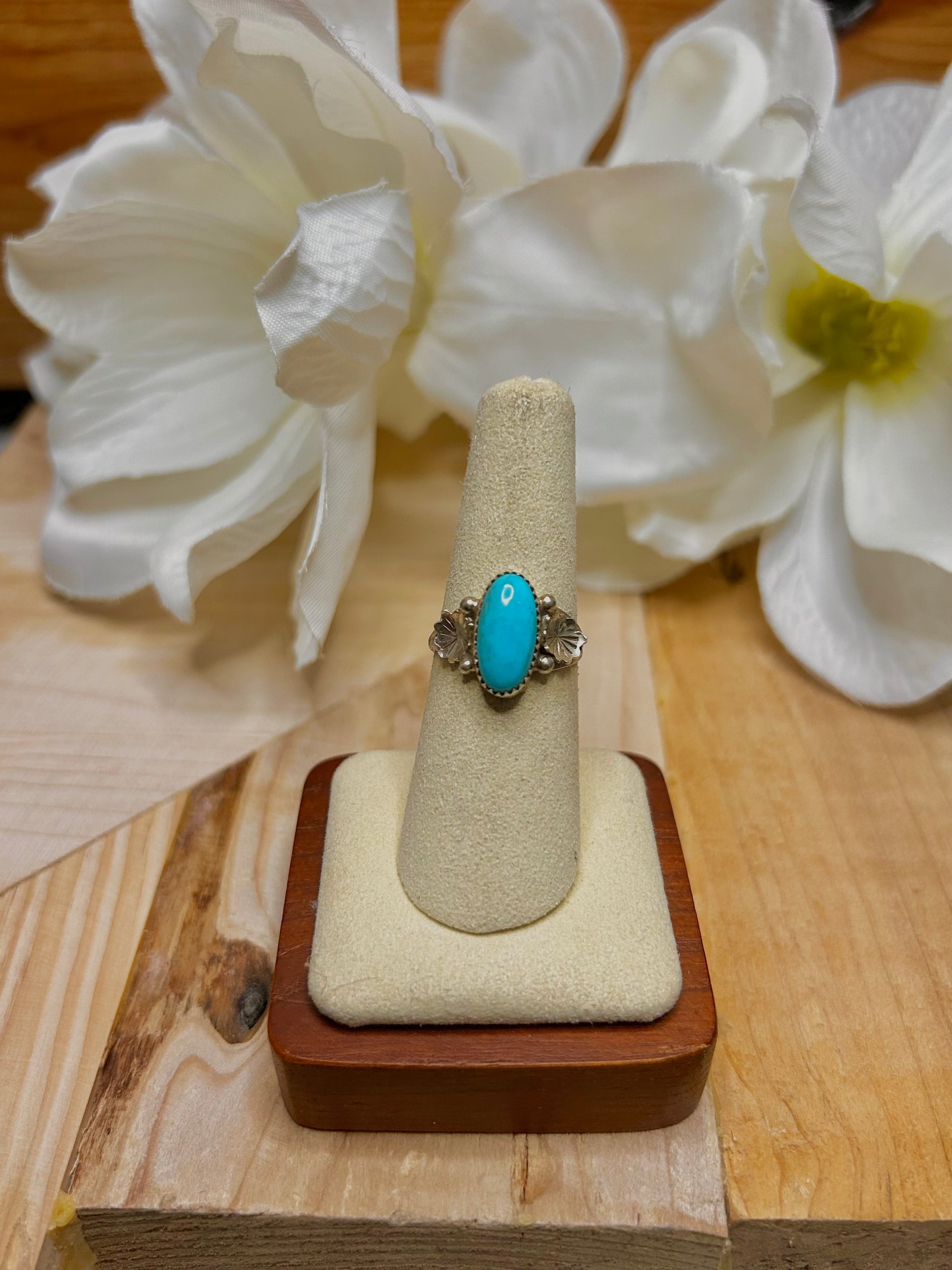 Navajo Made Kingman Turquoise & Sterling Silver Cluster Ring Size 7.75