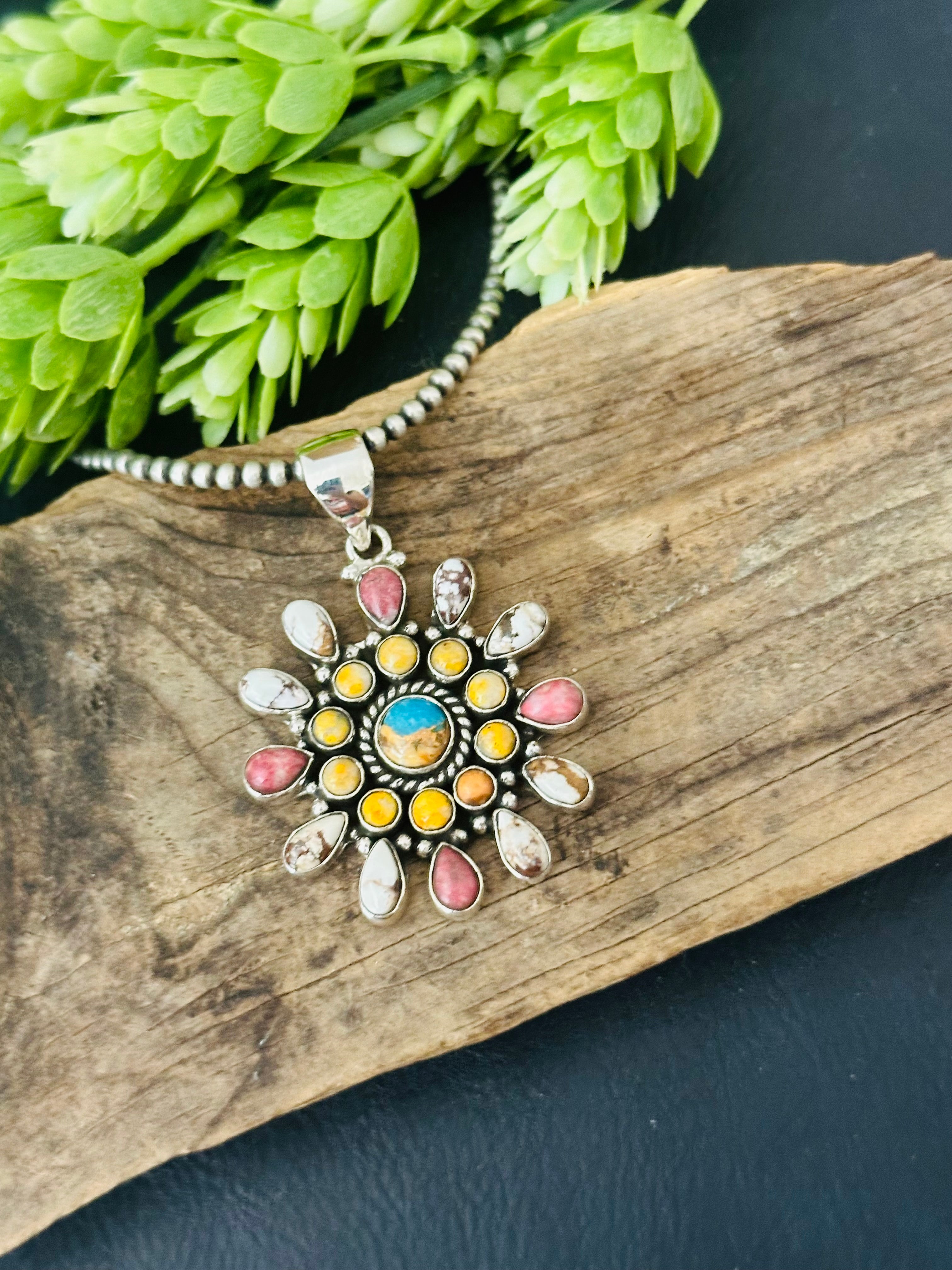 Southwest Handmade Multi Stone & Sterling Silver Cluster Pendant