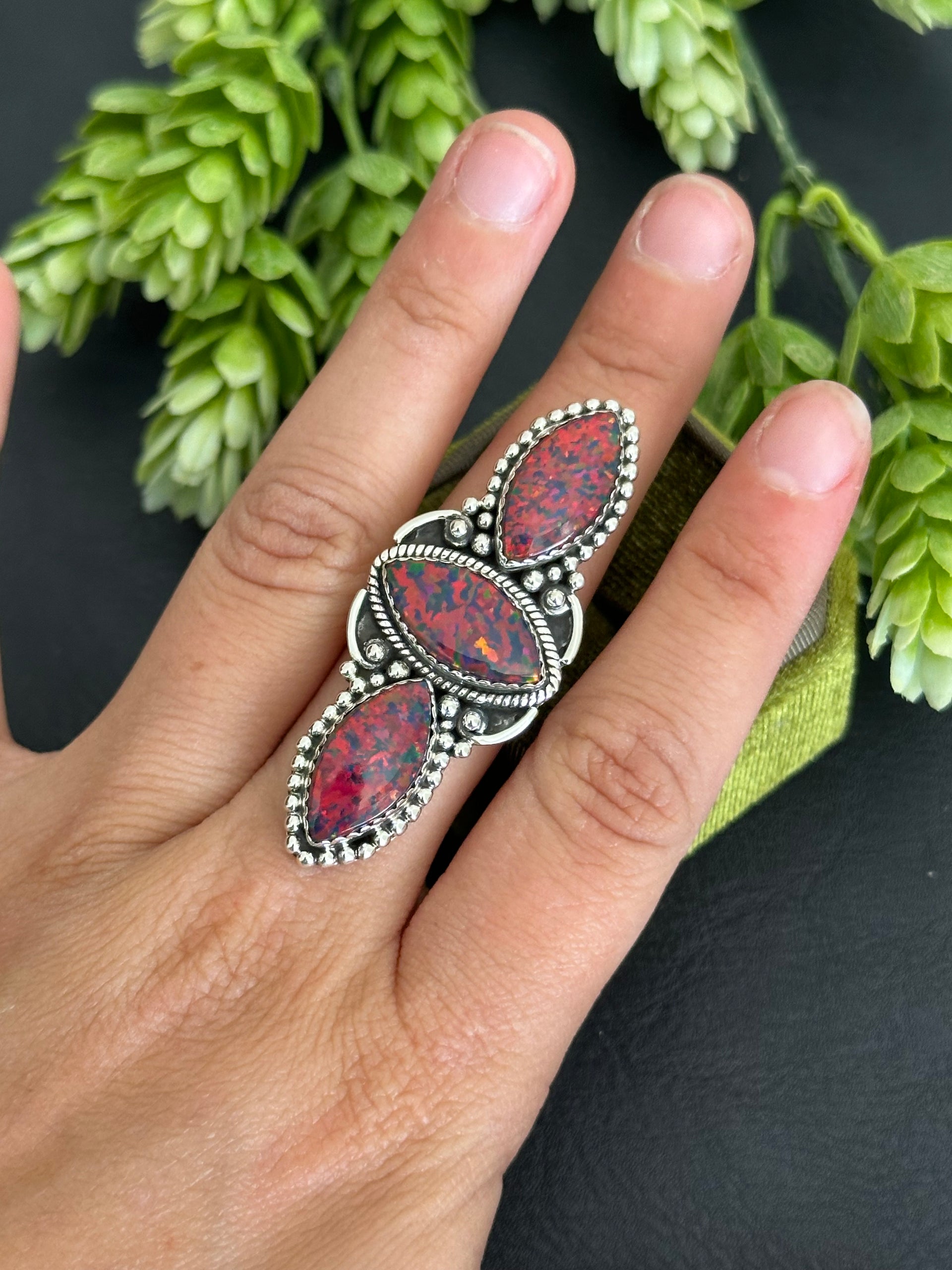 Southwest Handmade Opal & Sterling Silver Adjustable Cluster Ring