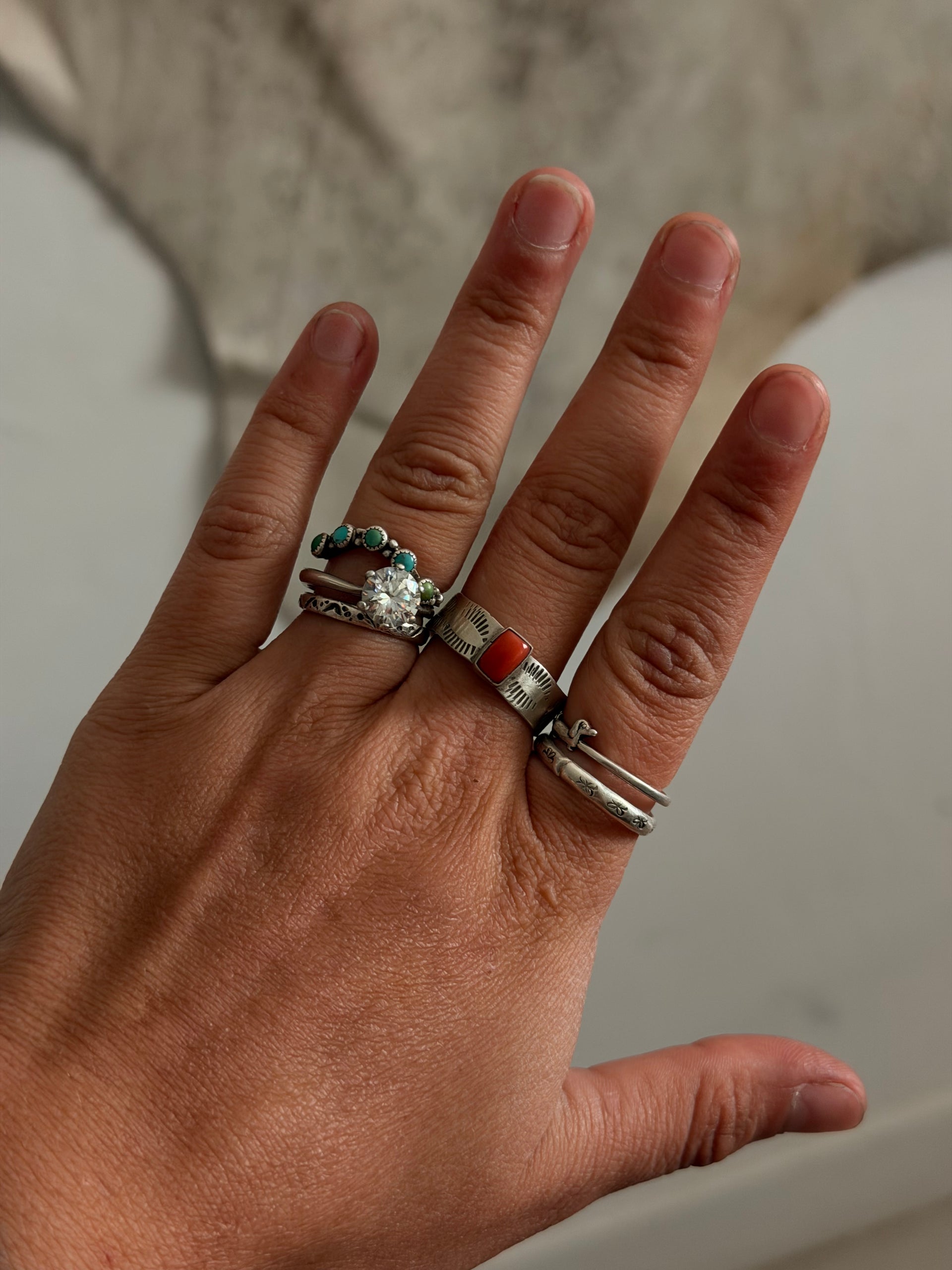 Navajo Made Red Coral & Sterling Silver Ring Size 11
