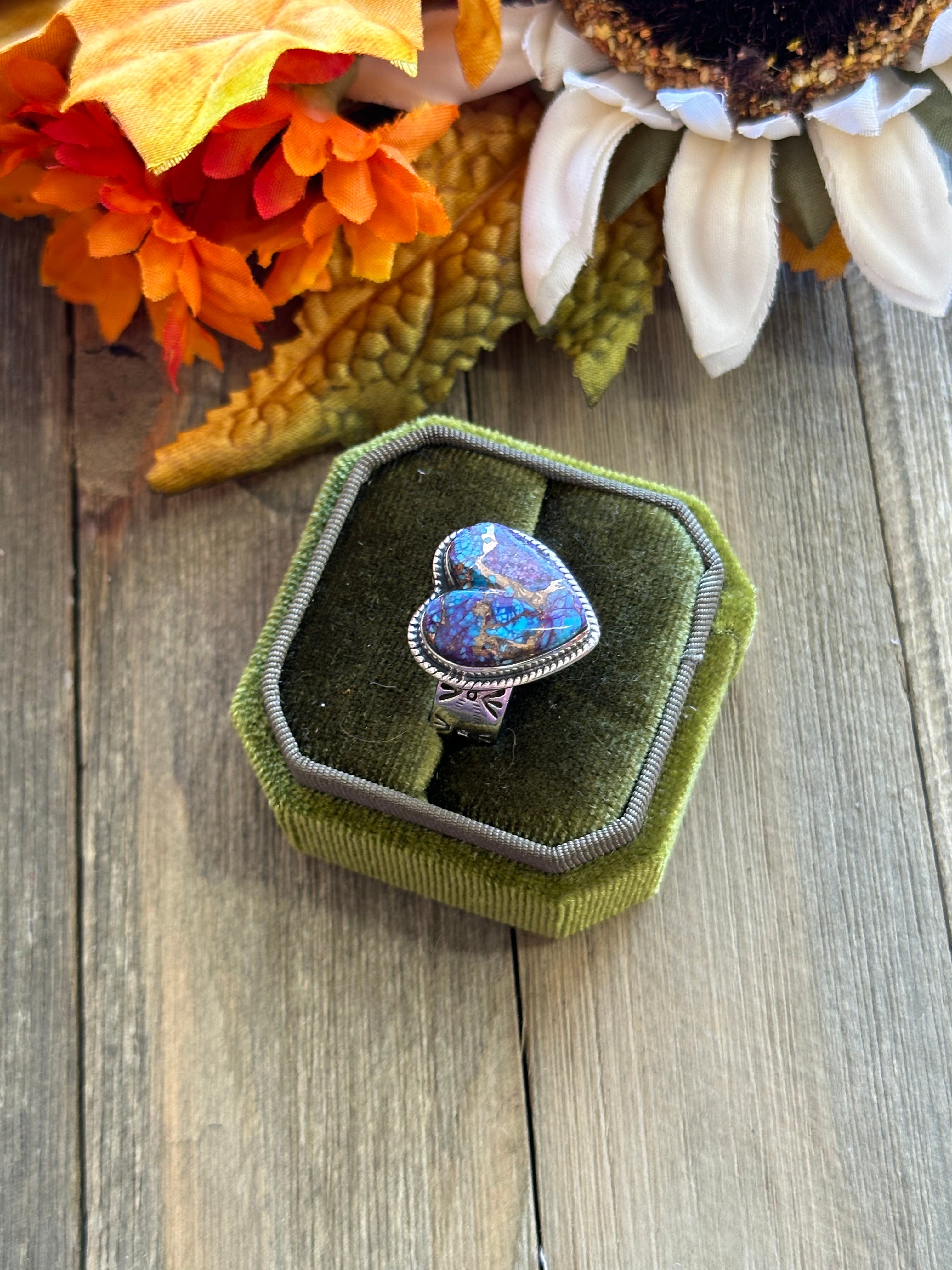 Southwest Handmade Mohave Turquoise & Sterling Silver Adjustable Heart Ring