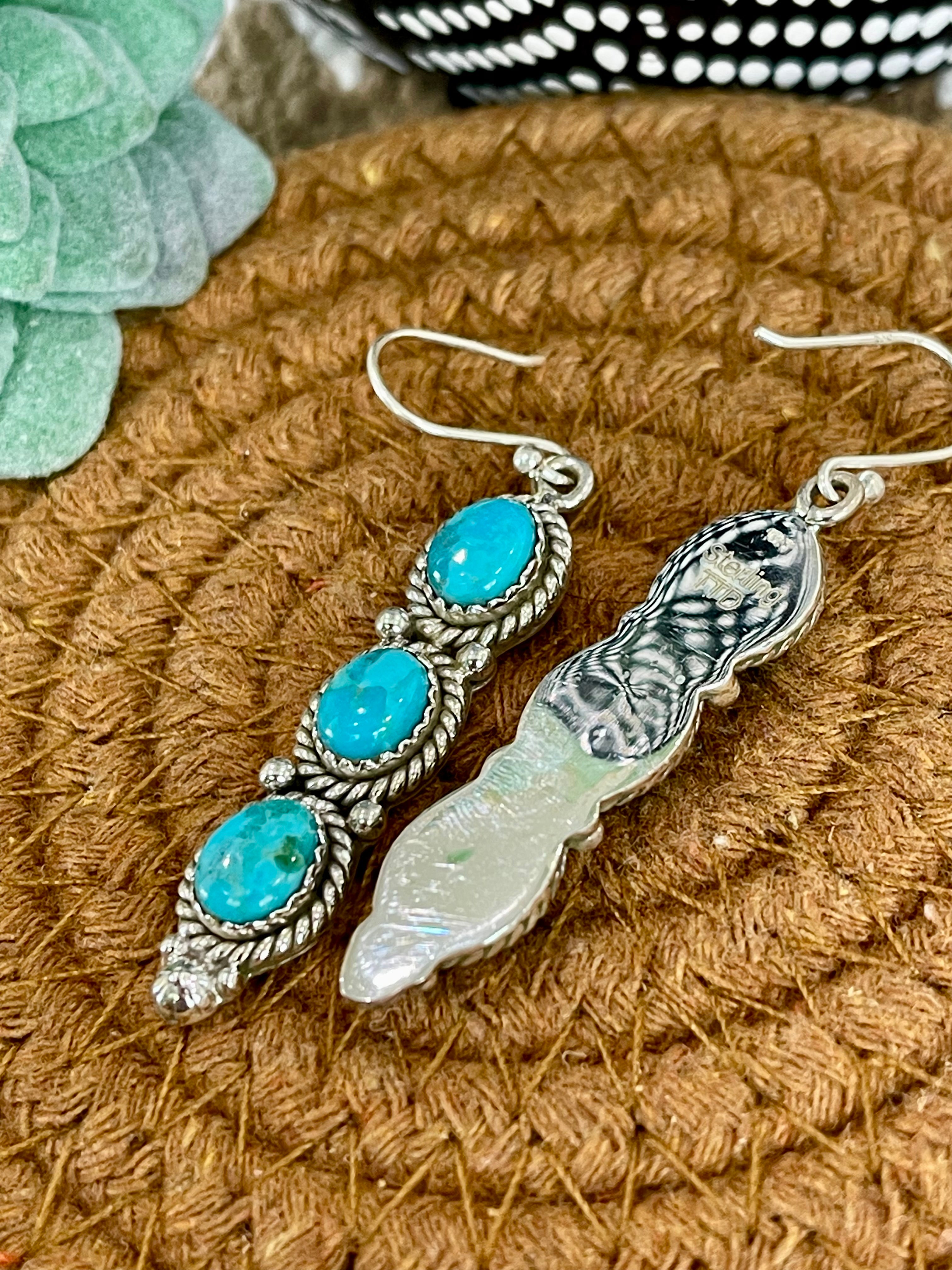 Southwest Handmade Kingman Turquoise & Sterling Silver Post Dangle 3 Stone Earrings