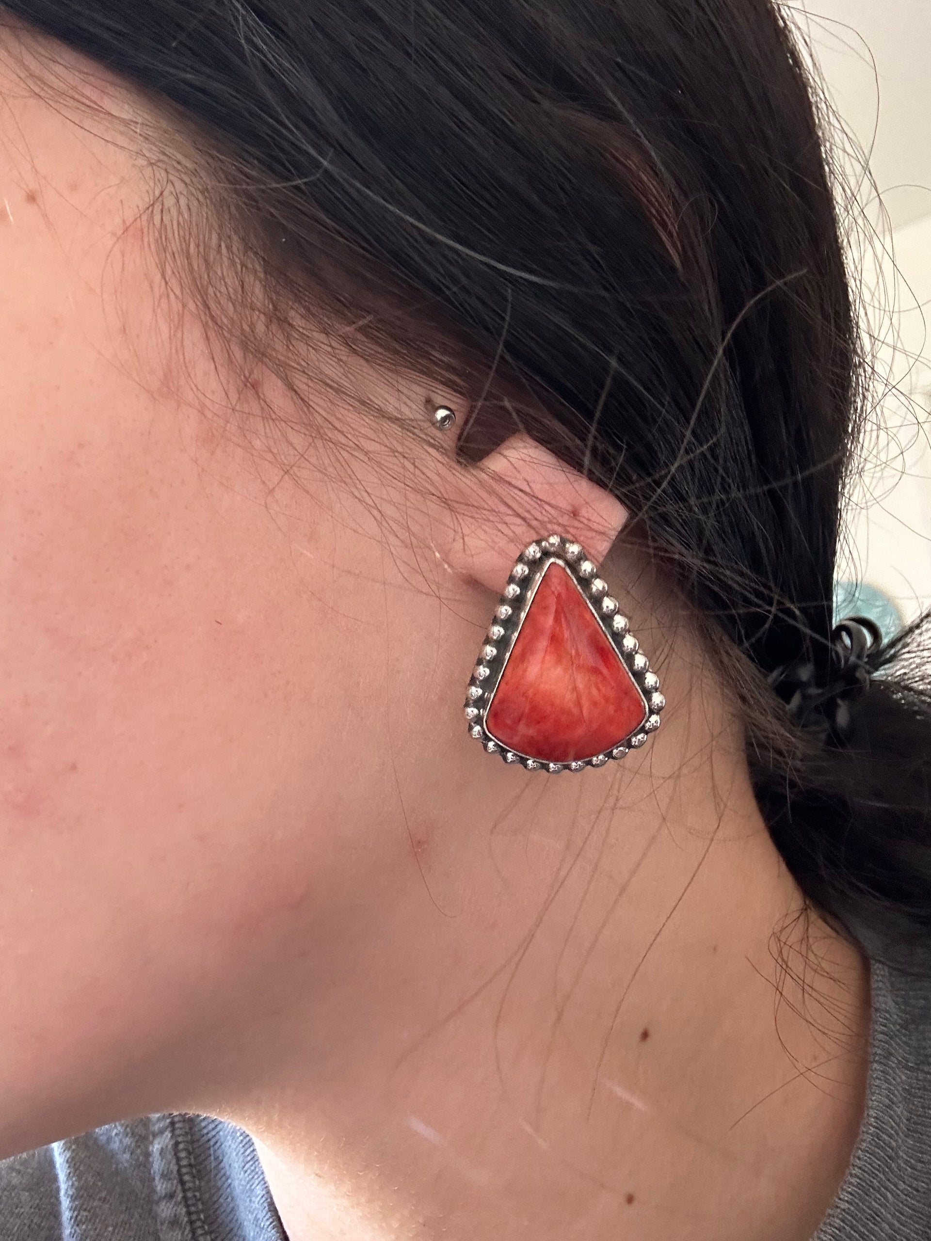Navajo Made Red Spiny Oyster & Sterling Silver Post Earrings