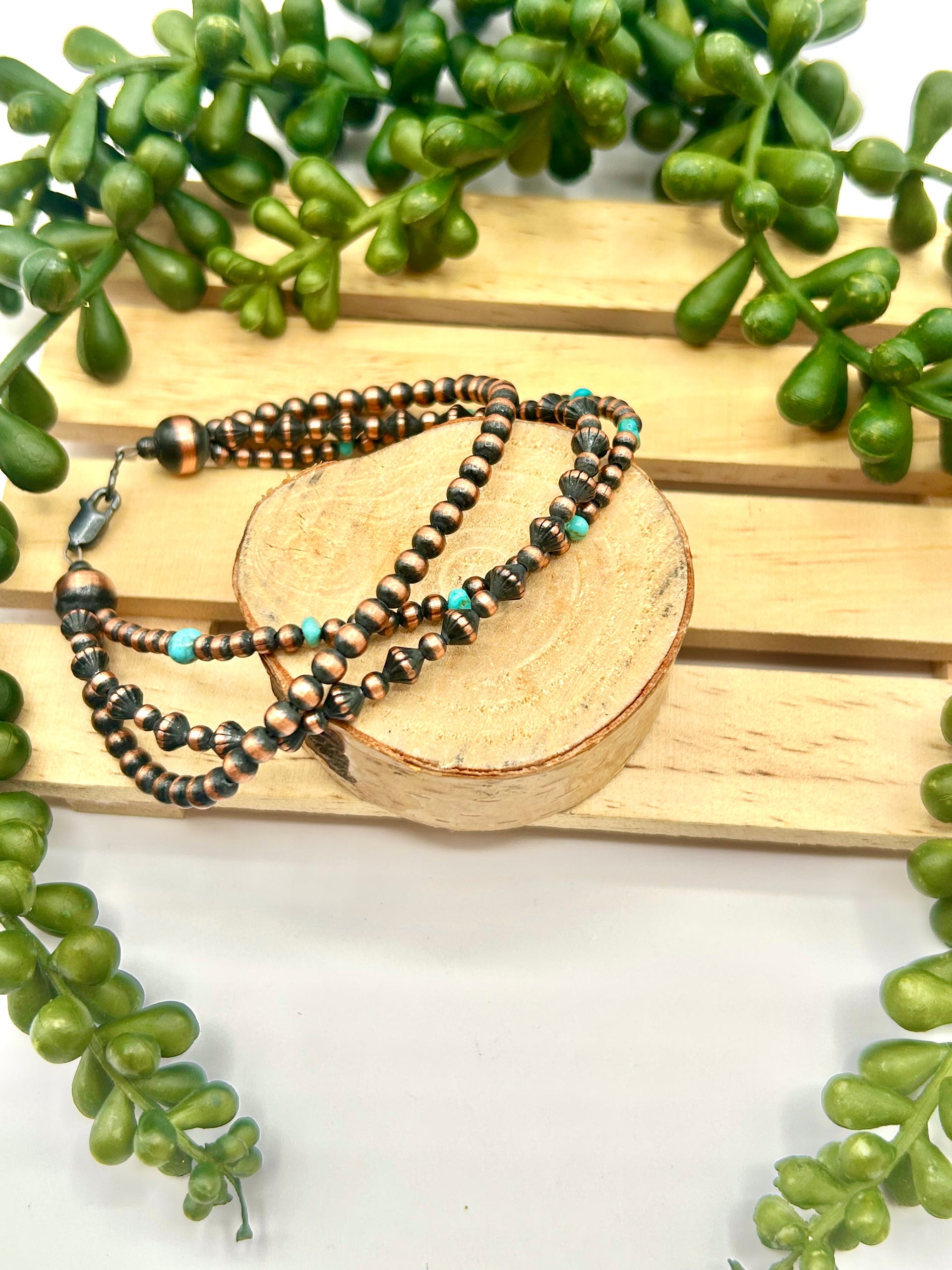 Navajo Made Strung Kingman Turquoise & Copper Link Bracelet